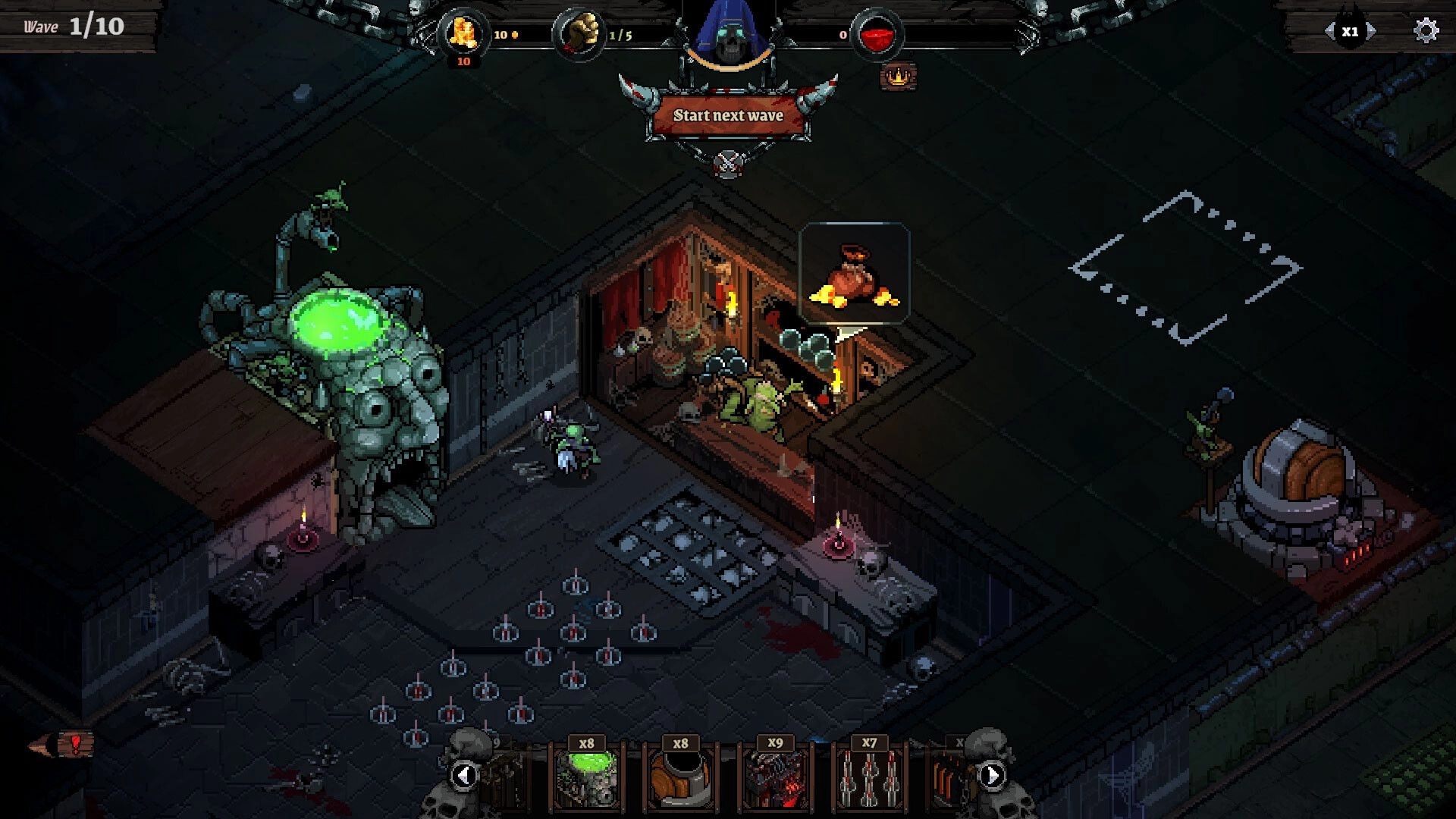 Infamous Keepers: Start next wave prompt over dungeon room with traps and cauldron, wave 1/10 UI.