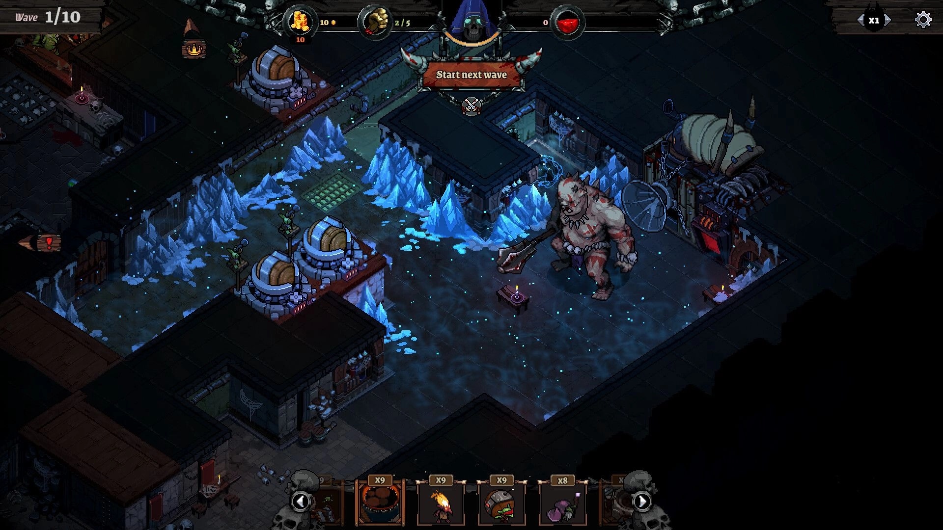Infamous Keepers: Start next wave prompt over icy dungeon room with traps, towers, and ogre guard.