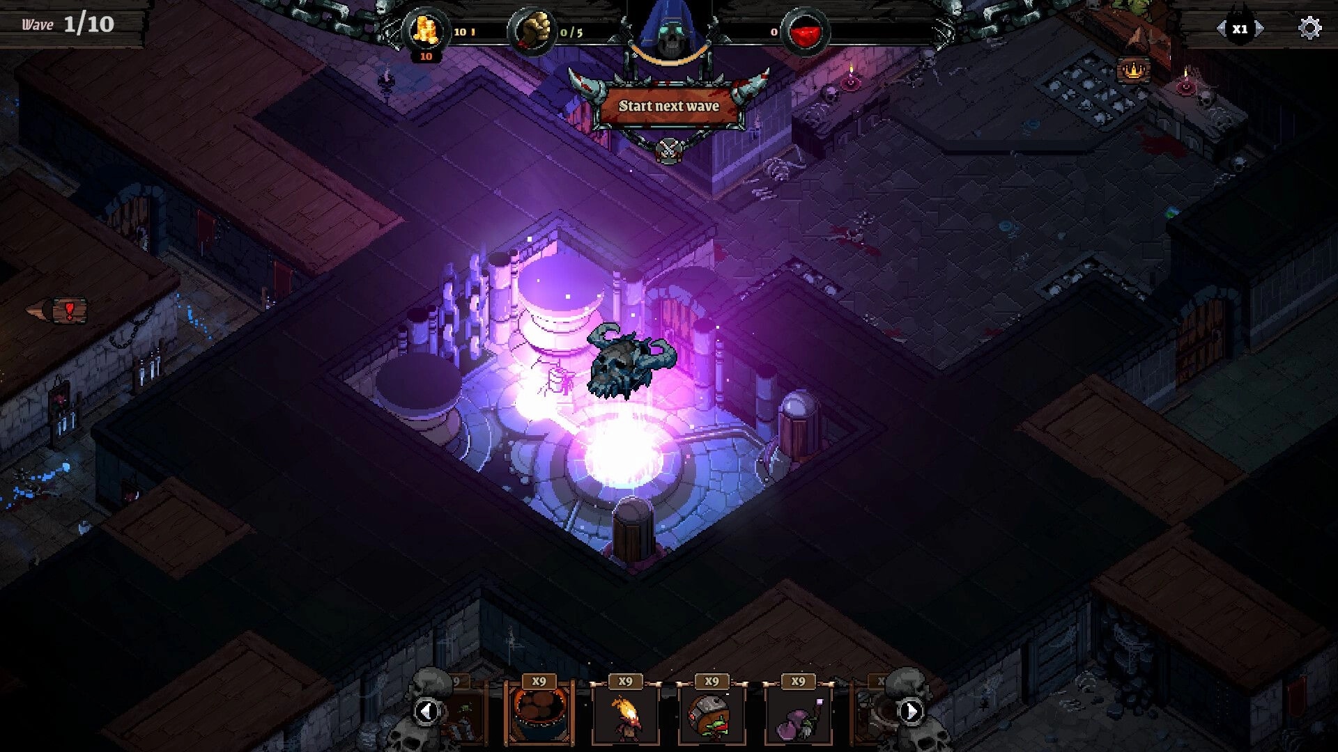 Infamous Keepers: Start next wave prompt over glowing portal in dungeon room with trap bar UI.