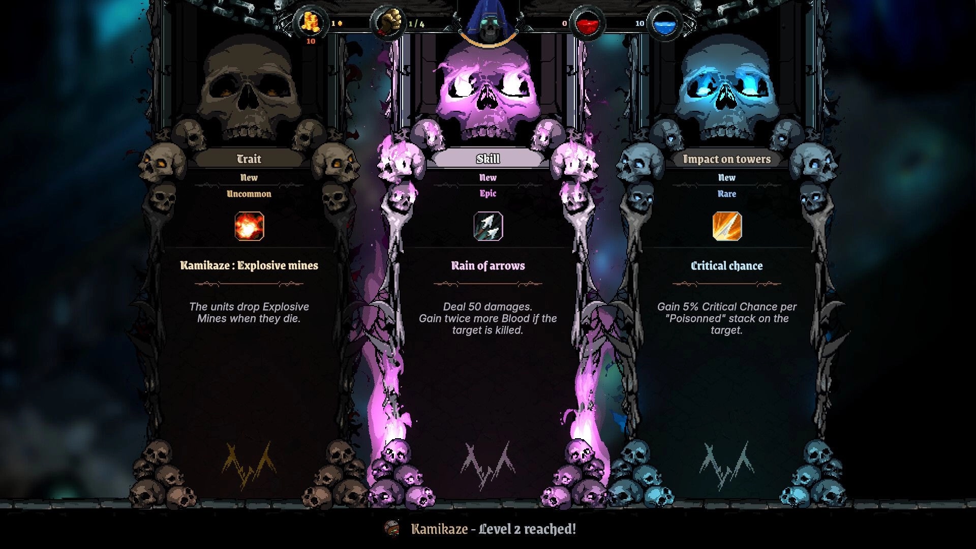 Infamous Keepers: Level-up reward choice with three skull panels for trait, skill, tower impact UI.