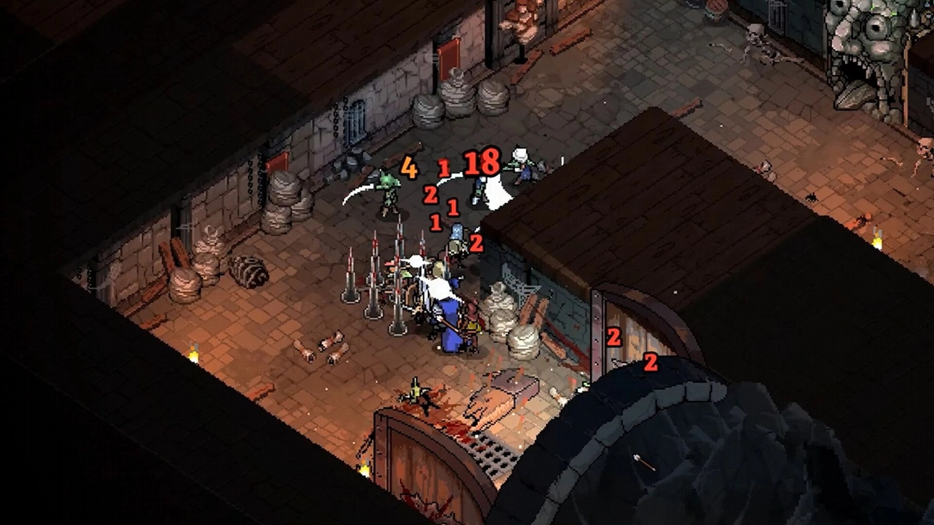 Infamous Keepers: Melee brawl with damage numbers and spike traps in a torchlit dungeon corridor.