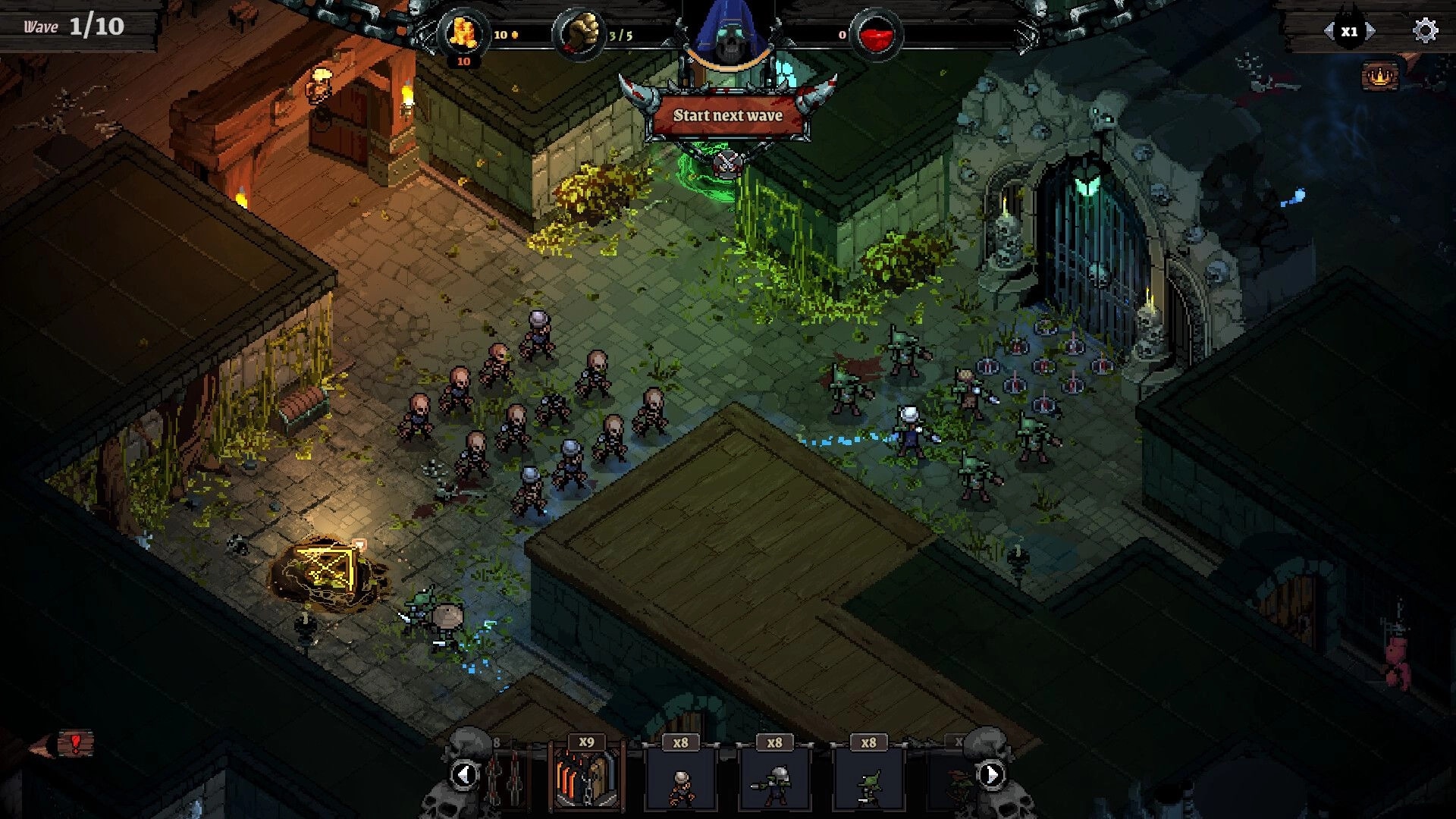 Infamous Keepers: Start next wave prompt over dungeon corridor with troops facing foes by gate traps.