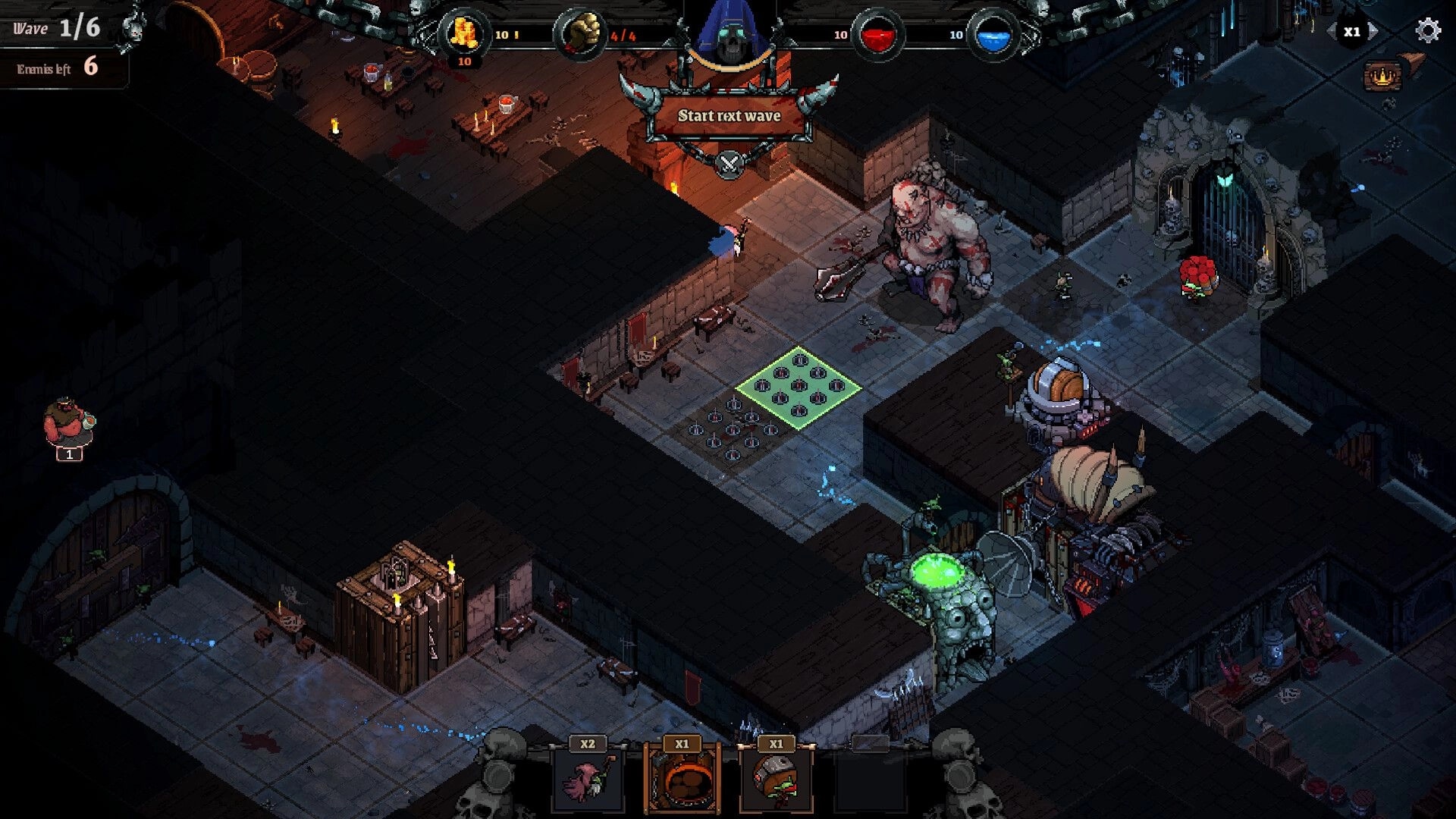 Infamous Keepers: Start next wave prompt over traps and ogre in torchlit dungeon corridors.