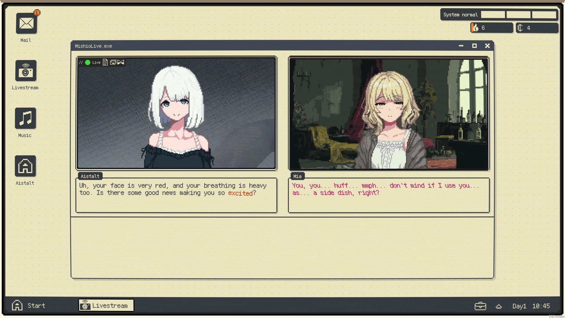 Infant God: Livestream chat window with Aistalt and Mia portraits and dialogue in ruined room.