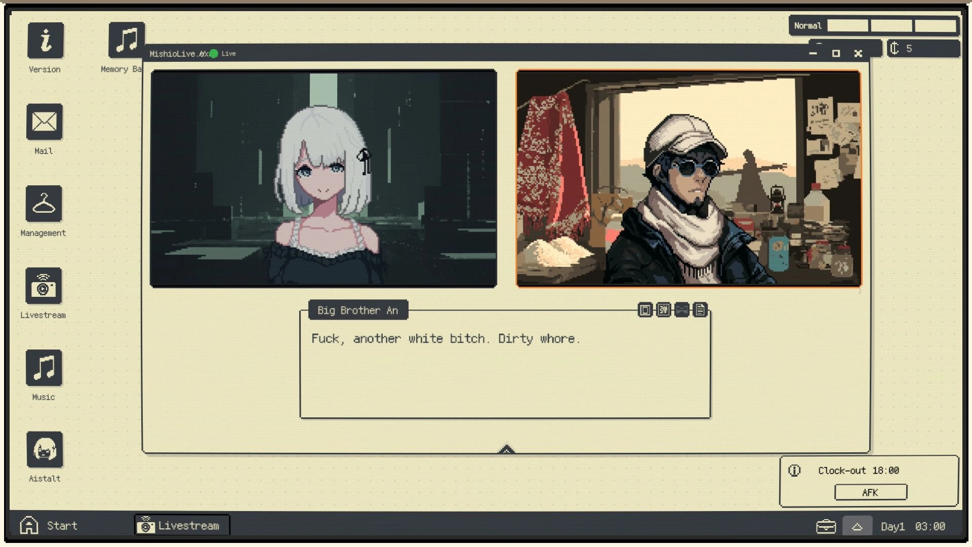 Infant God: Livestream chat UI with two portraits and a hateful message in a desktop-style window.