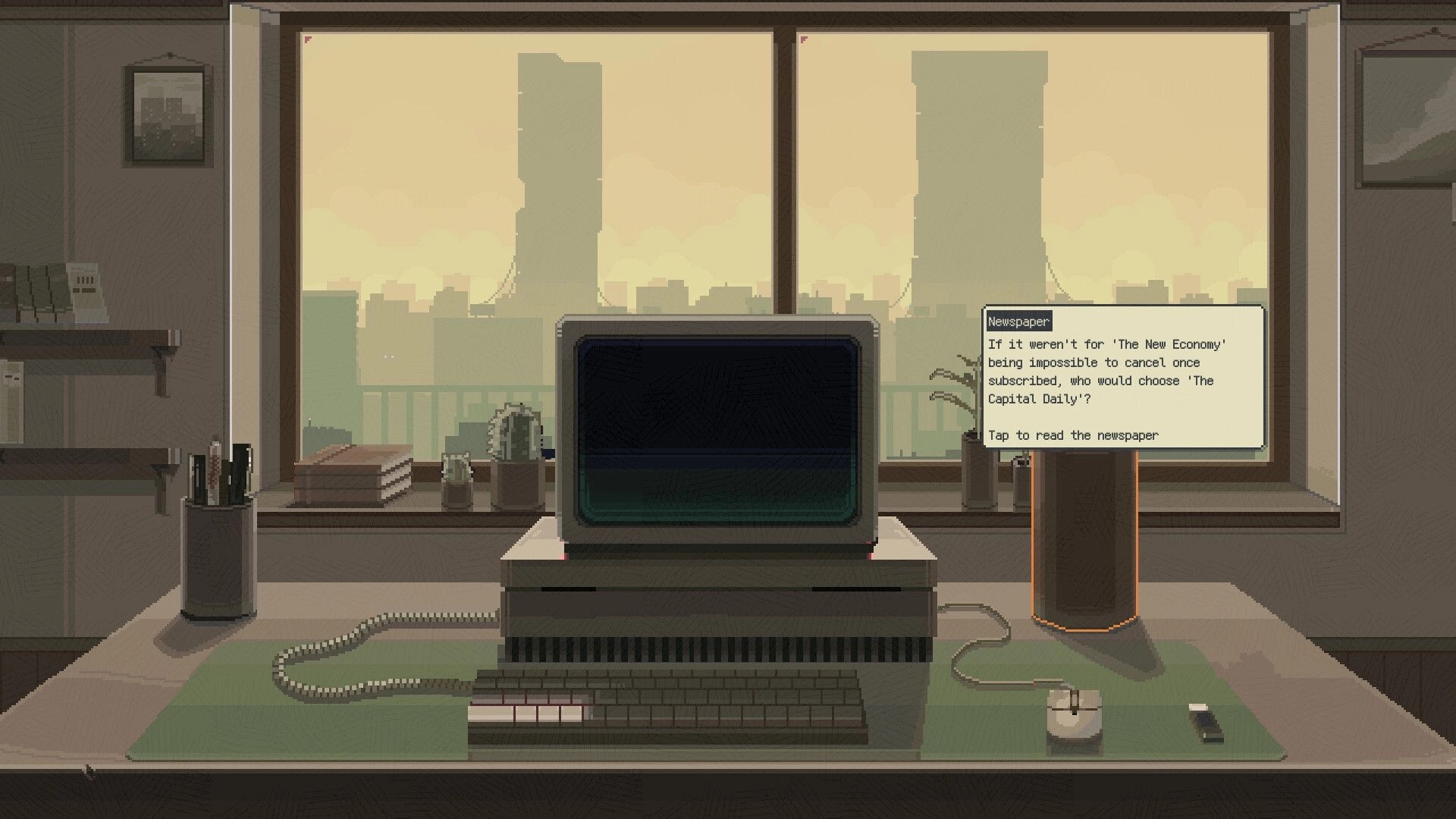 Infant God: Desktop computer on a desk with a pop-up newspaper prompt in a hazy city apartment.
