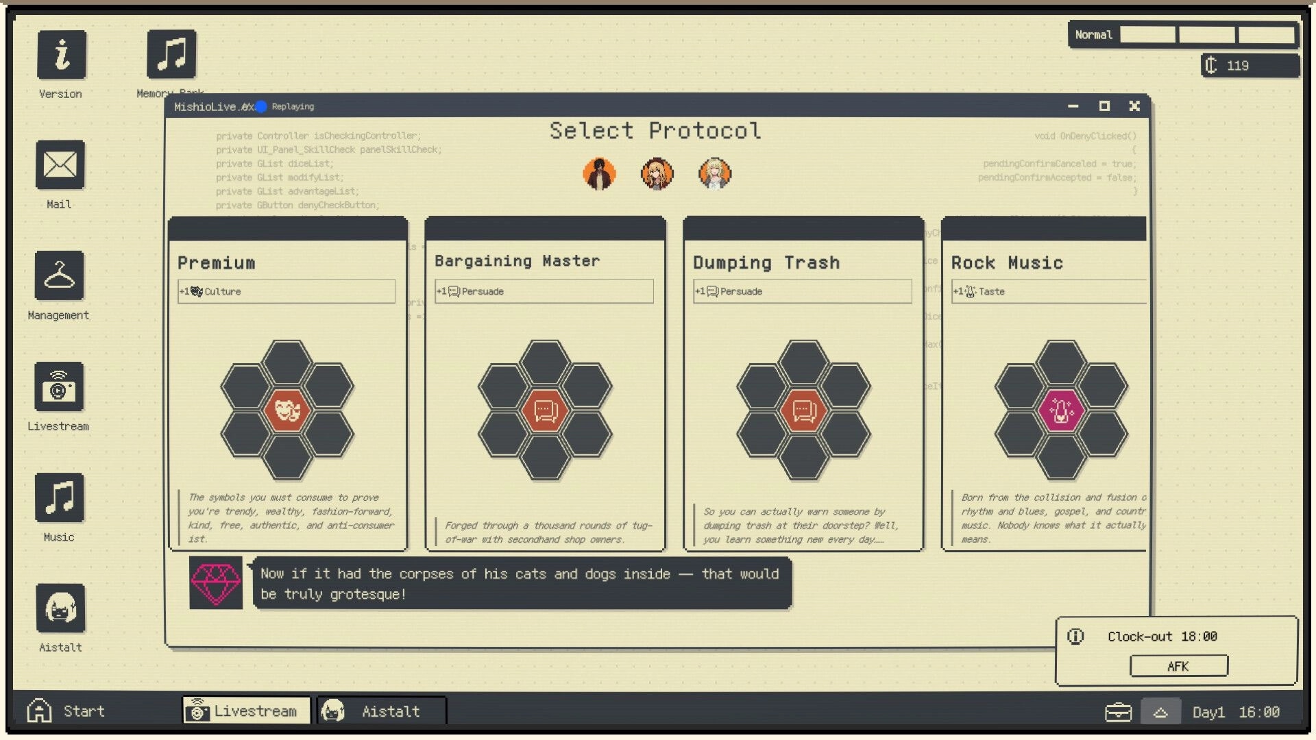 Infant God: Select Protocol menu with four ideology cards and sidebar icons on retro desktop UI.