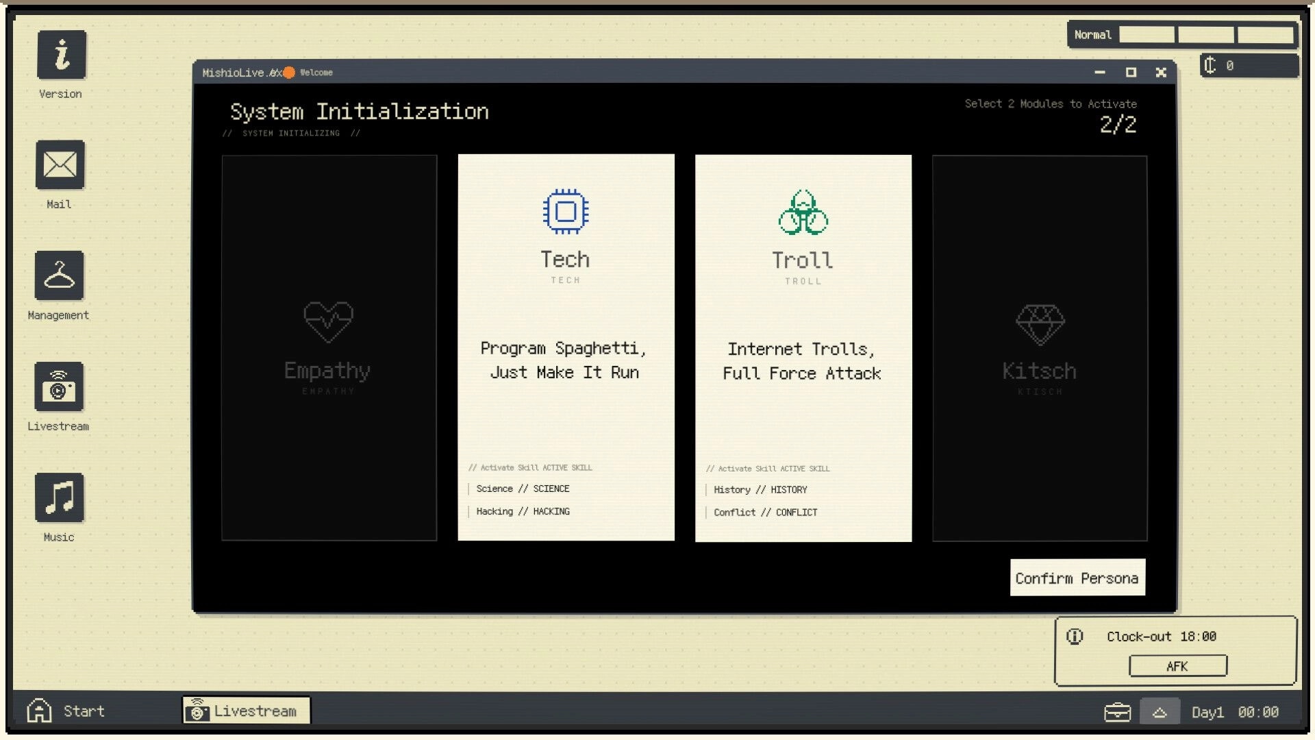 Infant God: System Initialization persona screen selecting Tech and Troll modules in desktop-style UI.