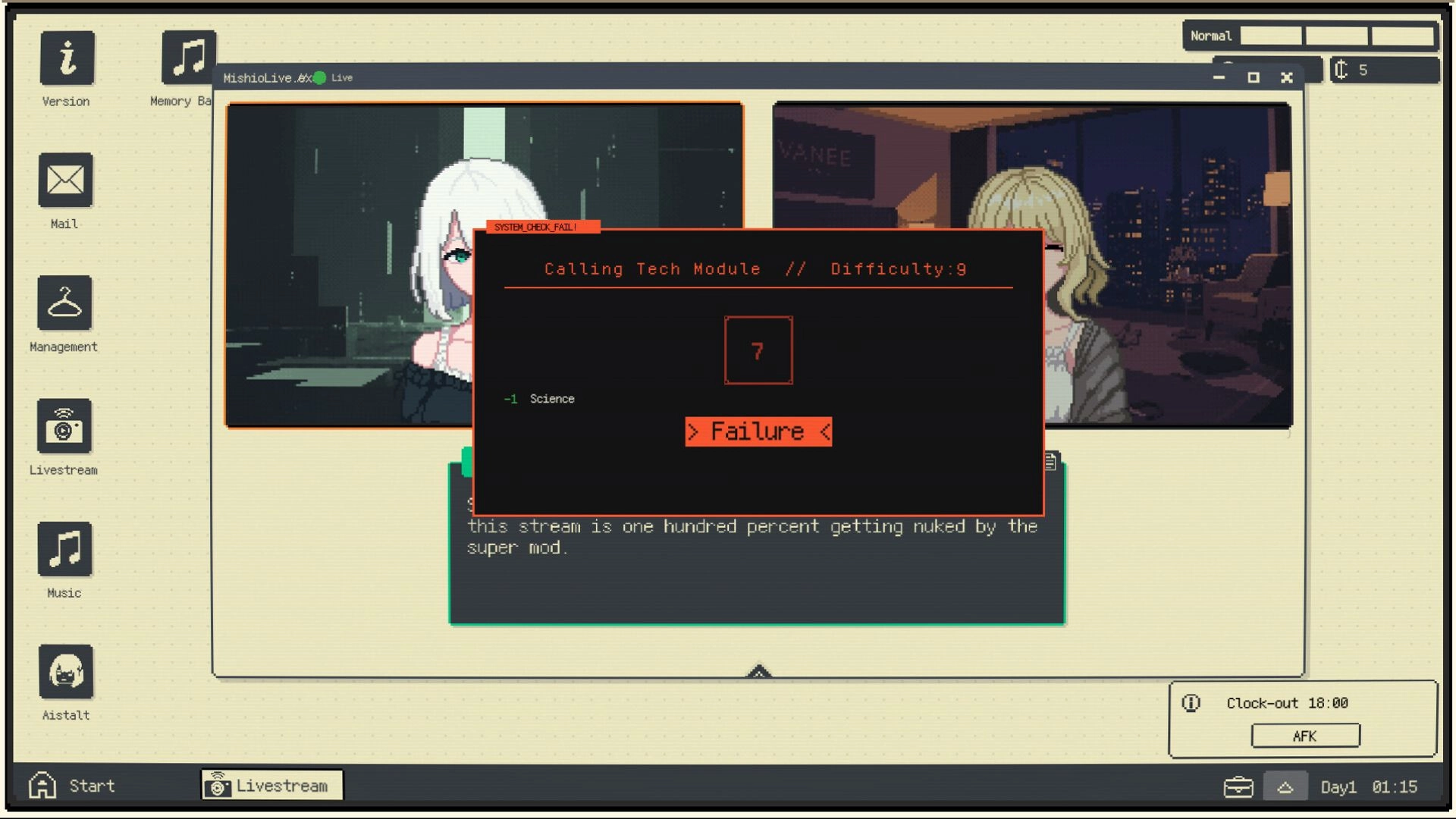 Infant God: Livestream window with two pixel portraits and a tech module check failed popup overlay.