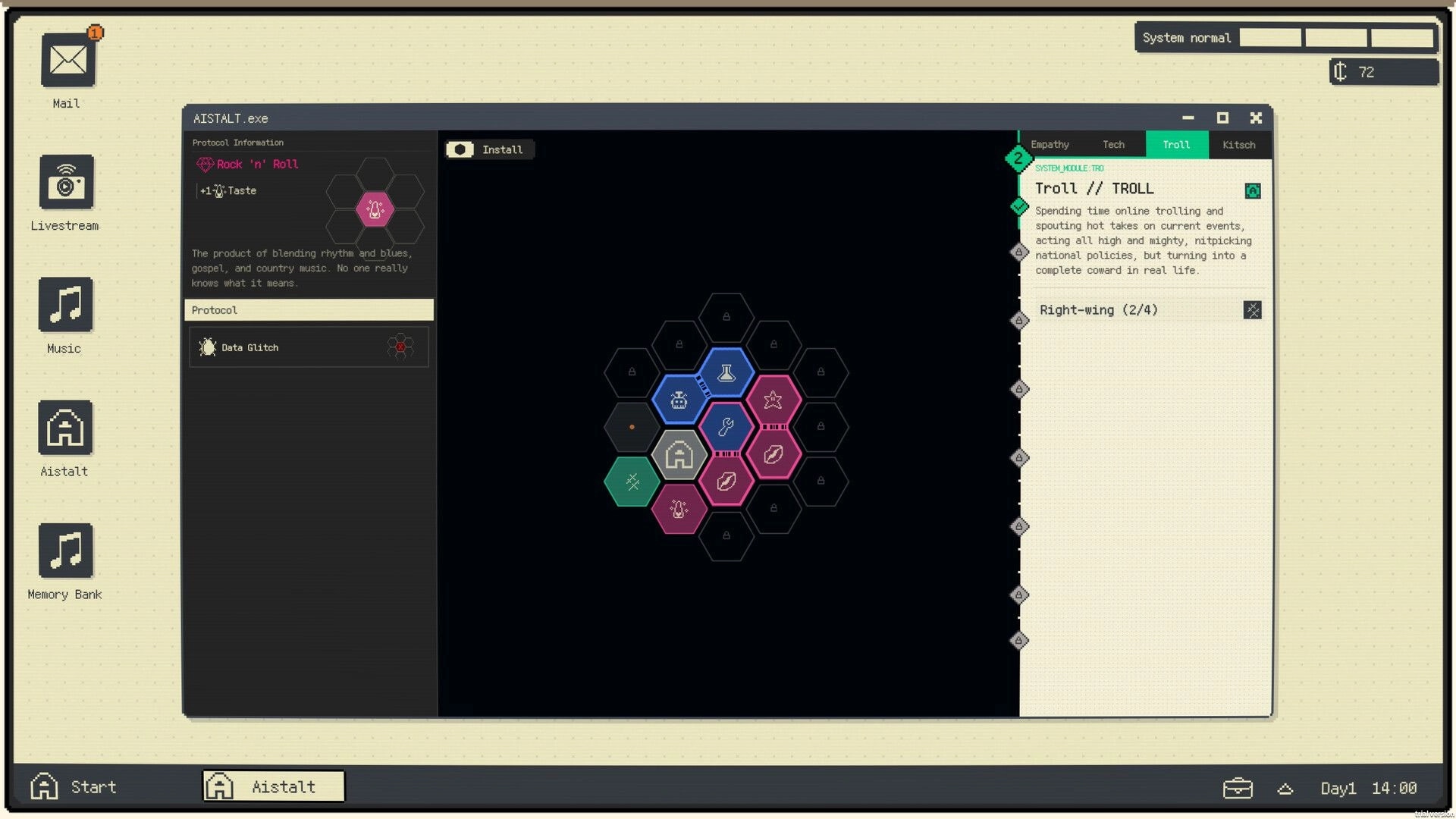 Infant God: Aistalt.exe ideology grid with hex tiles and Troll profile text in desktop-style UI.