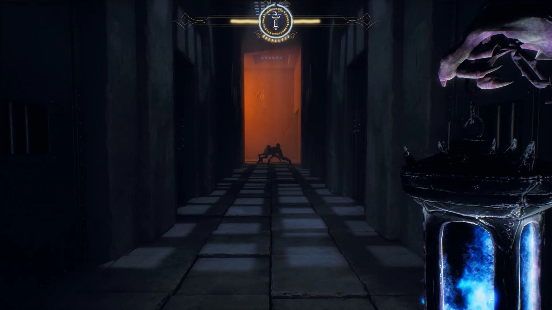 INFERIUS: First-person view down a dark stone corridor toward an orange-lit doorway and creature silhouette.