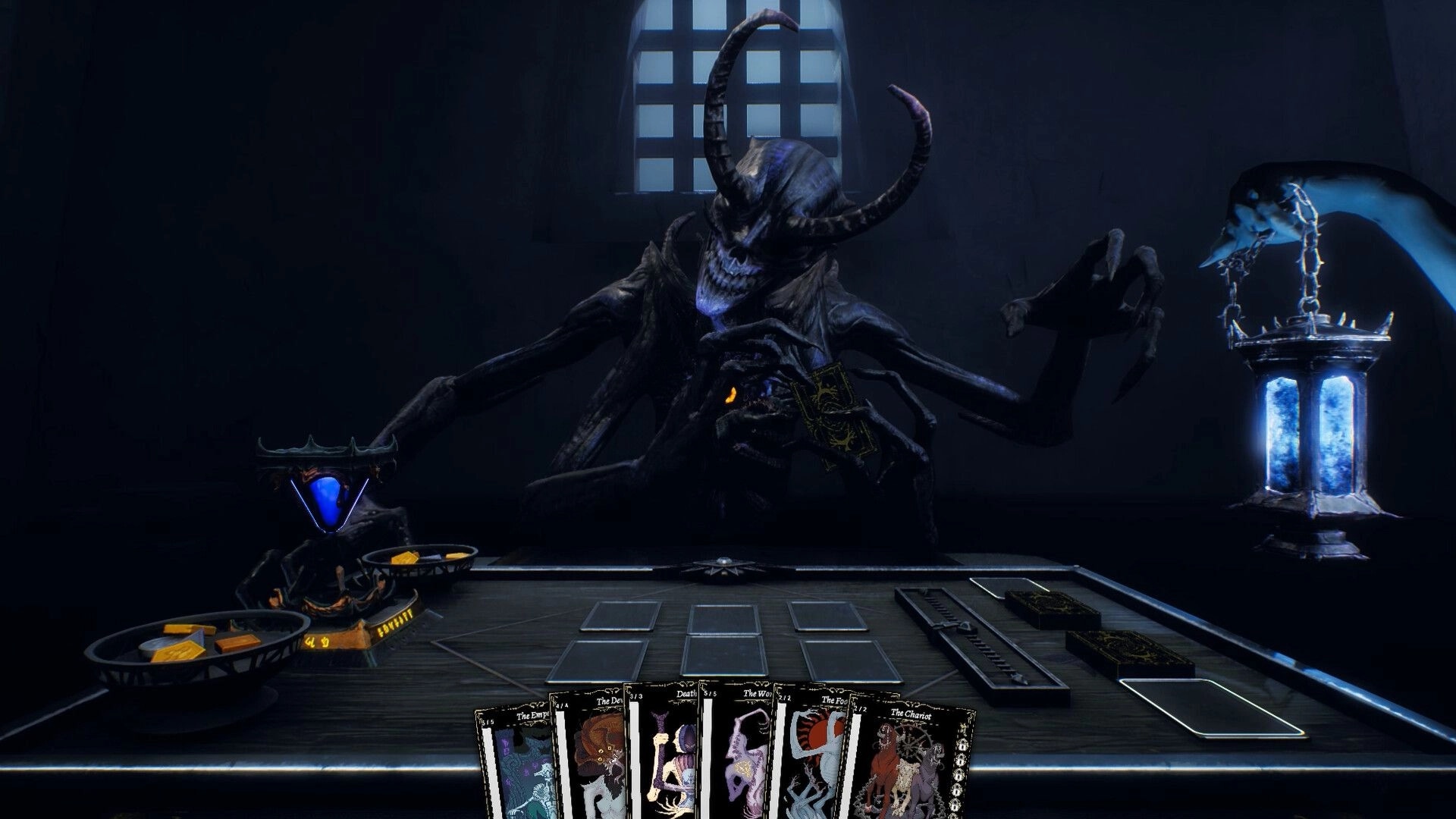 INFERIUS: Horned demon dealer holds tarot cards over a card table in a dark, barred chamber.