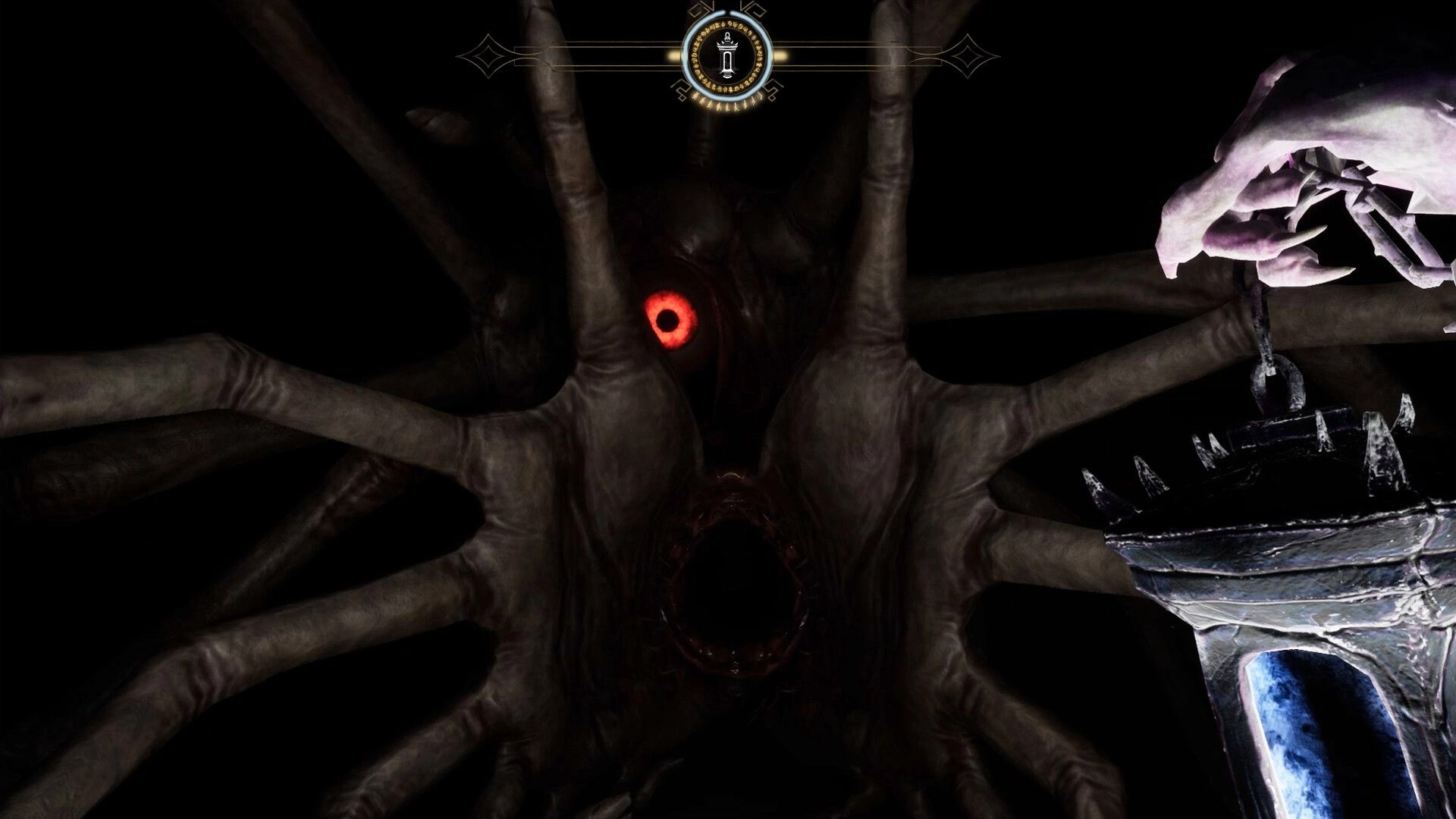 INFERIUS: Giant spiderlike boss with glowing red eye looming in darkness, hourglass UI above.