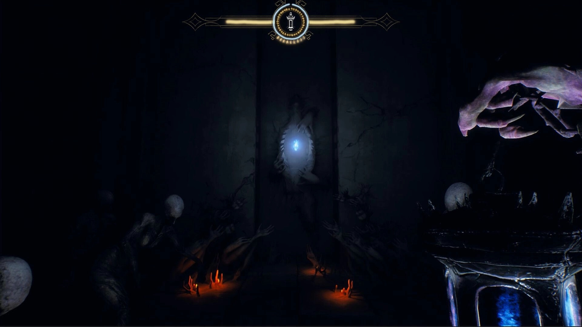 INFERIUS: First-person view of a glowing blue wall sigil and HUD icon in a dark cavern chamber.