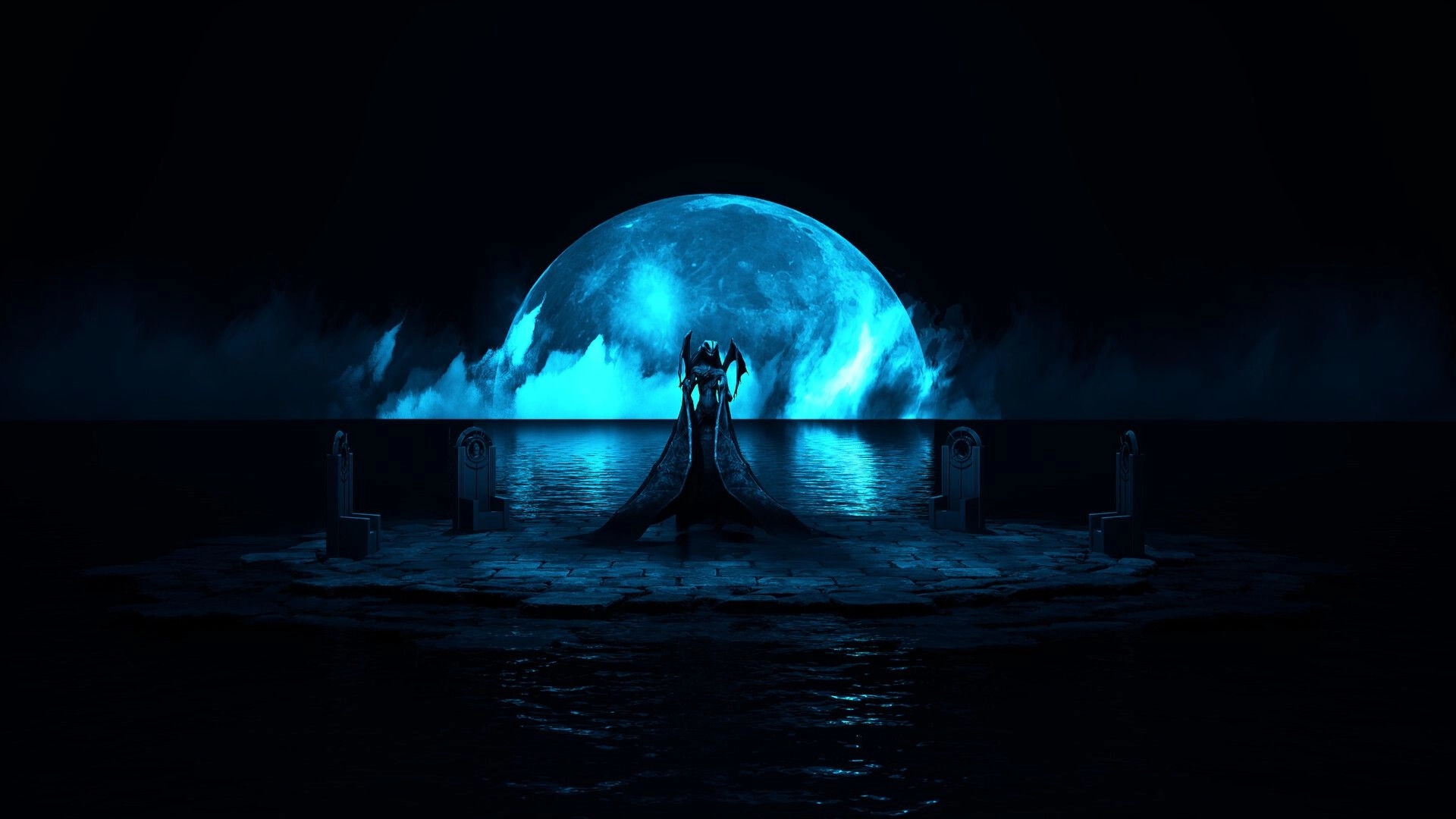 INFERIUS: Winged cloaked figure stands on stone pier before a huge blue moon over dark sea.