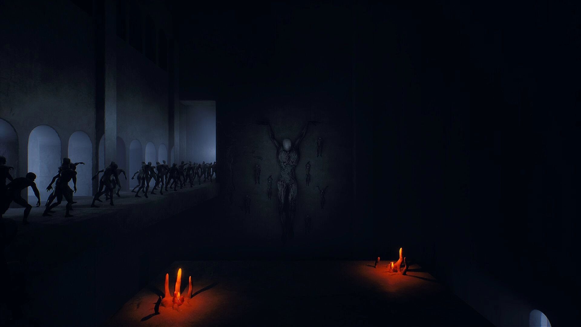 INFERIUS: Shadowy humanoids crowd a ledge beside arched halls in a dim stone chamber lit by candles.