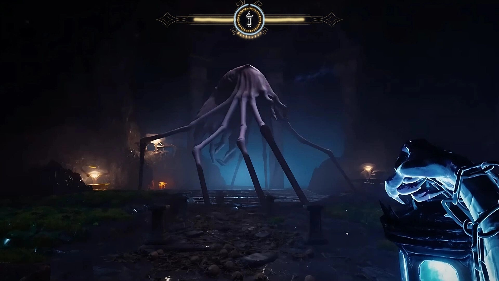 INFERIUS: First-person view aiming at a towering spider-like horror in a blue-lit cavern path.
