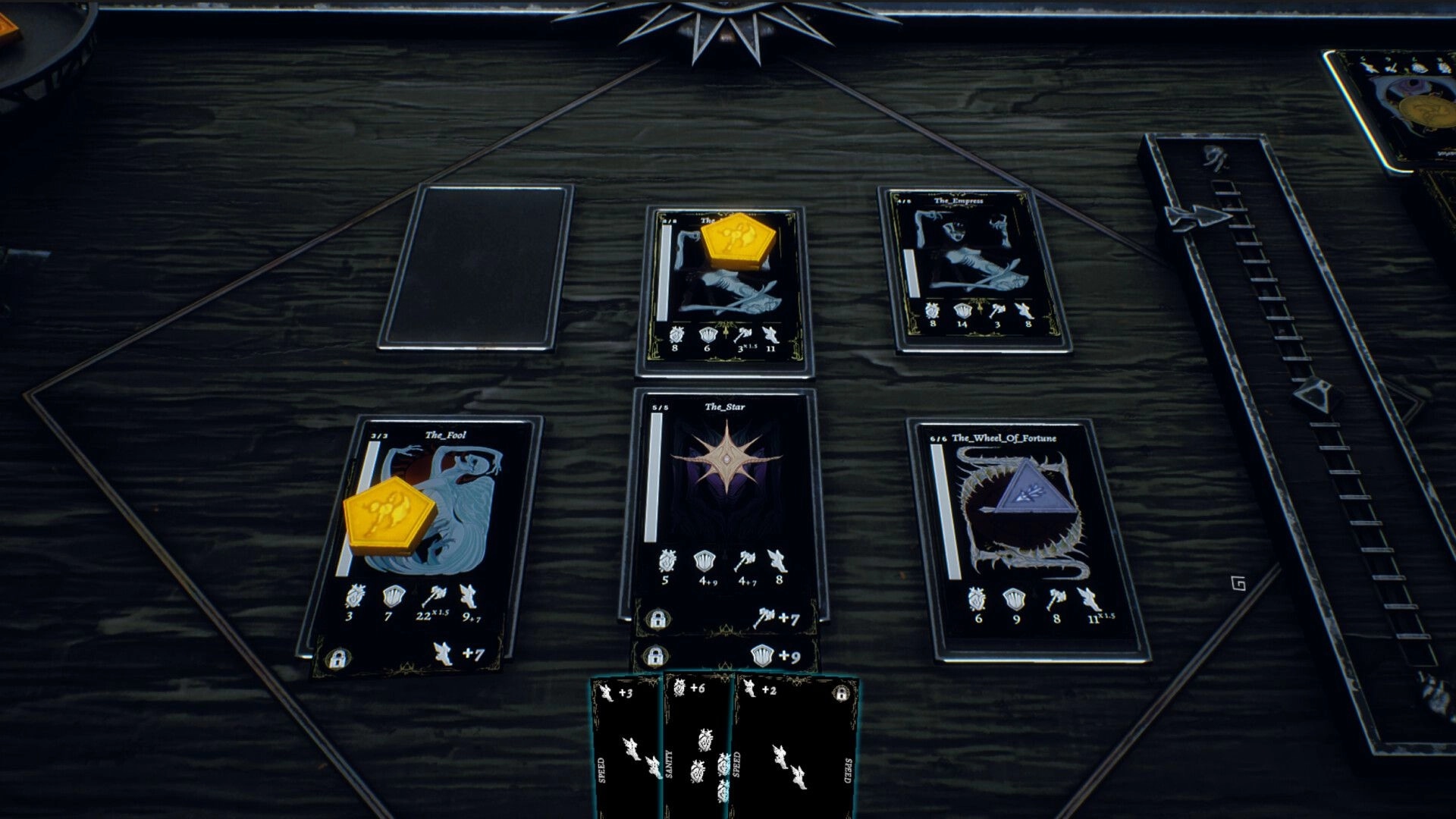INFERIUS: Tarot card draft UI with The Fool, The Star, and The Empress on a dark tabletop.
