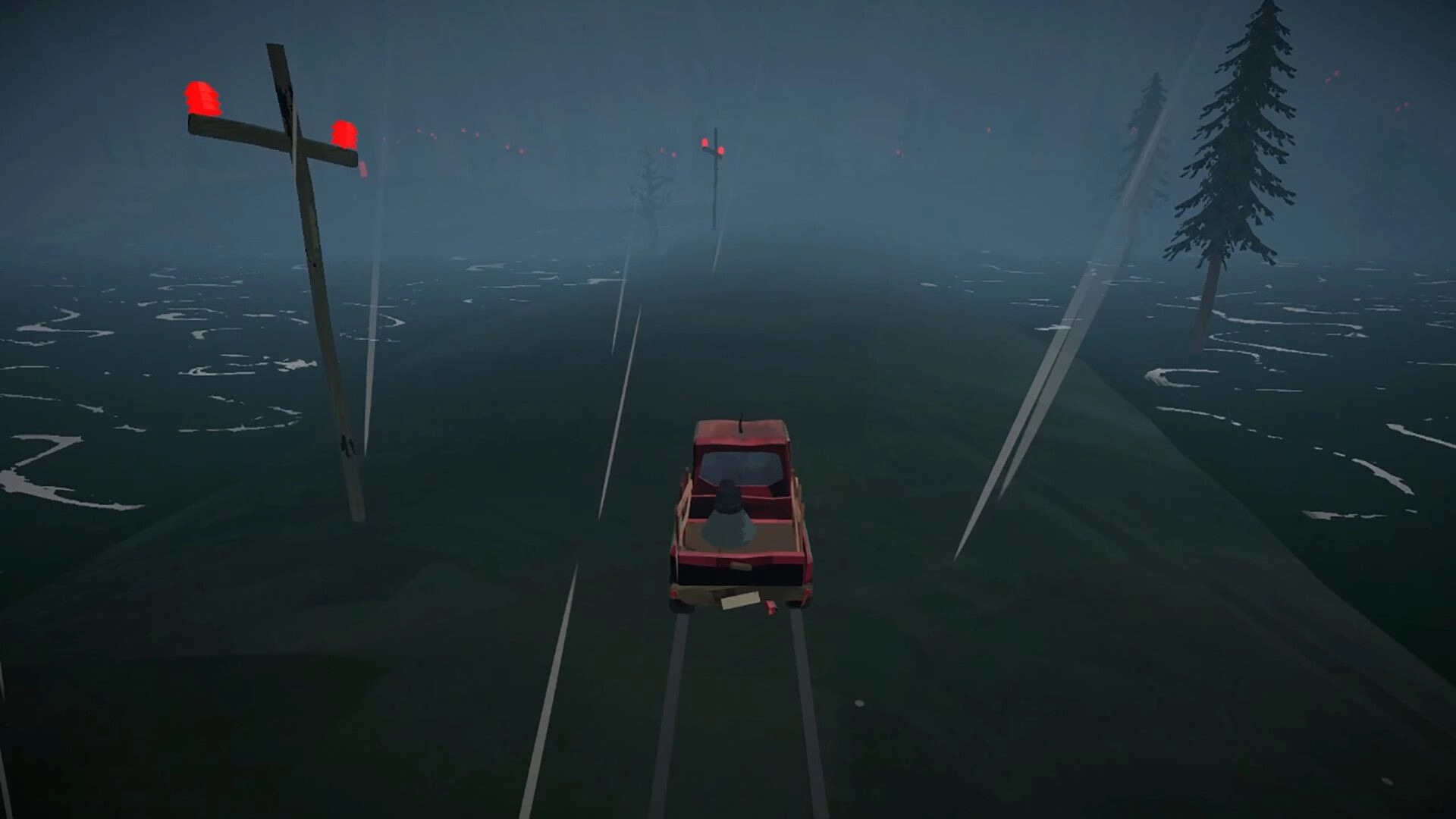Infernal Logistics: Pickup truck driving through heavy fog on a flooded road with red warning beacons ahead.