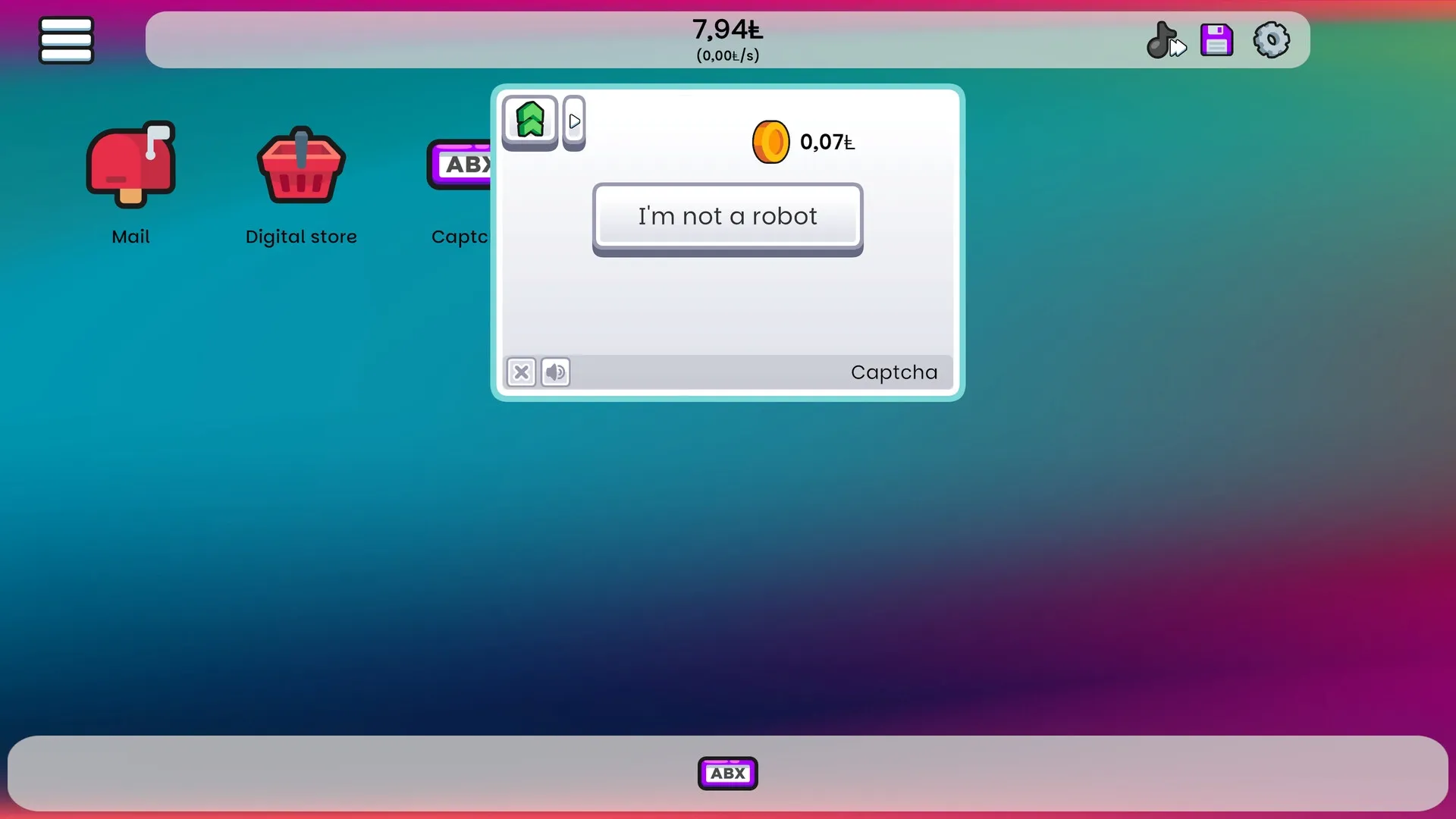 Infiniclick: Captcha challenge interface with mail, digital store icons on gradient background