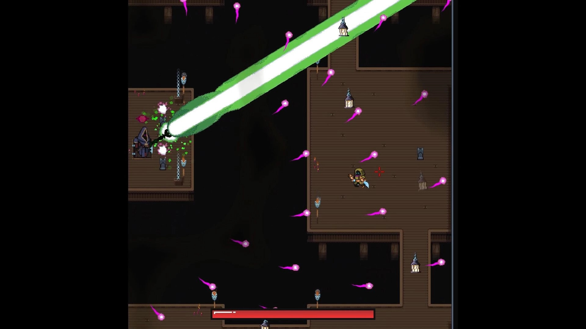Infinicrypt: Hero dodges pink projectiles and a giant green beam in a wooden dungeon room.