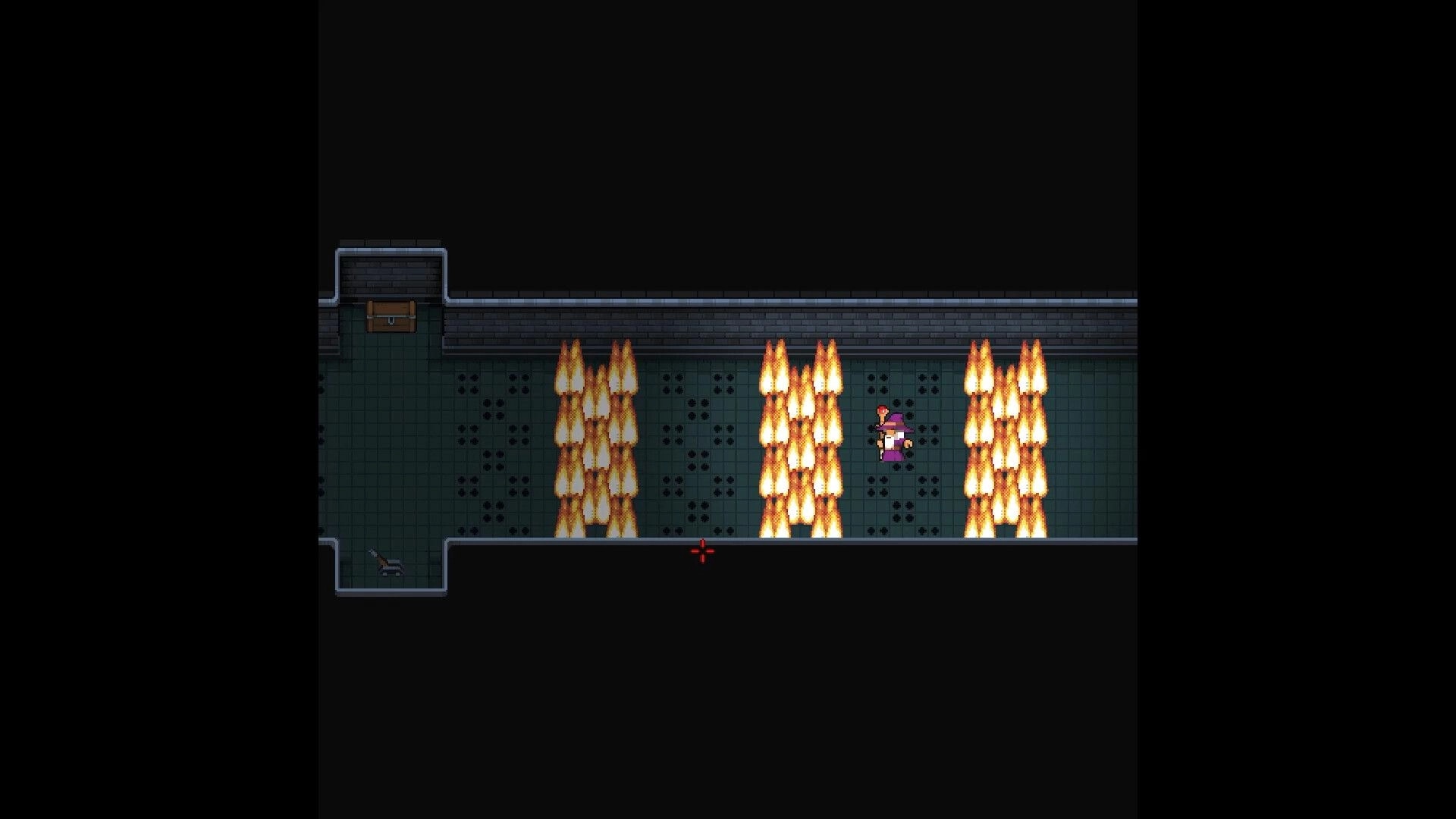 Infinicrypt: Hero dodges flames in narrow dungeon corridor with visible chest and patterned floor.