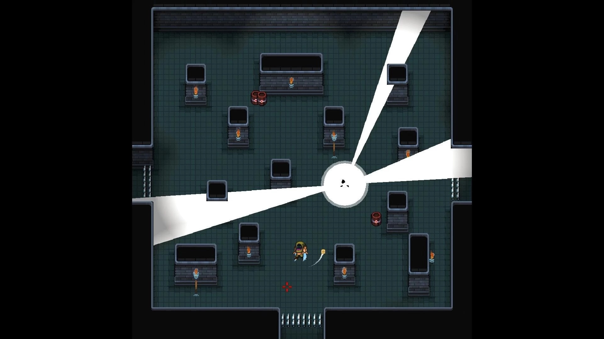 Infinicrypt: Hero dodges beams in a dark dungeon room with torches and spike traps on the floor