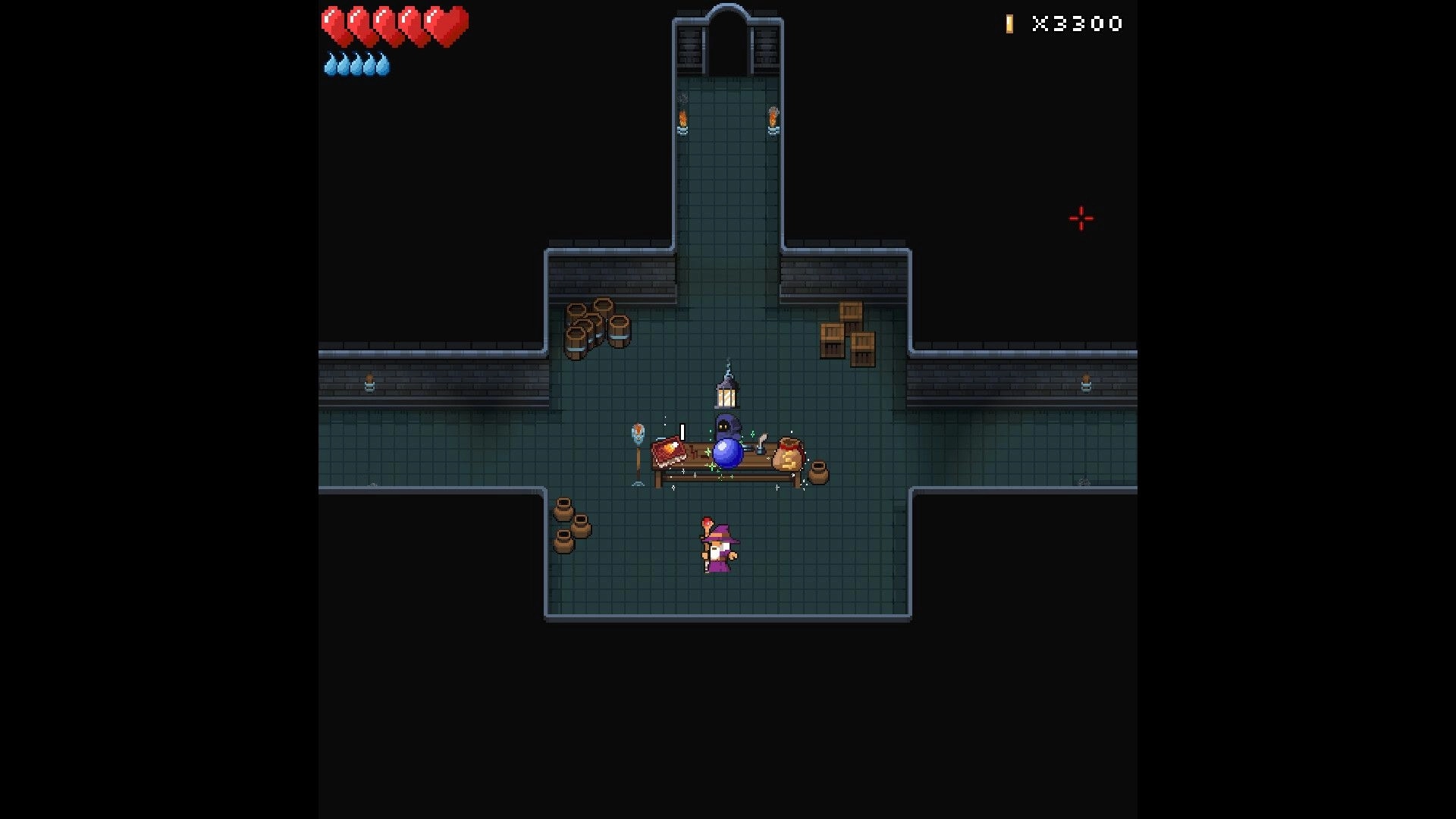 Infinicrypt: Hero in wizard robe stands in dungeon room with magic table, items, and heart UI visible.