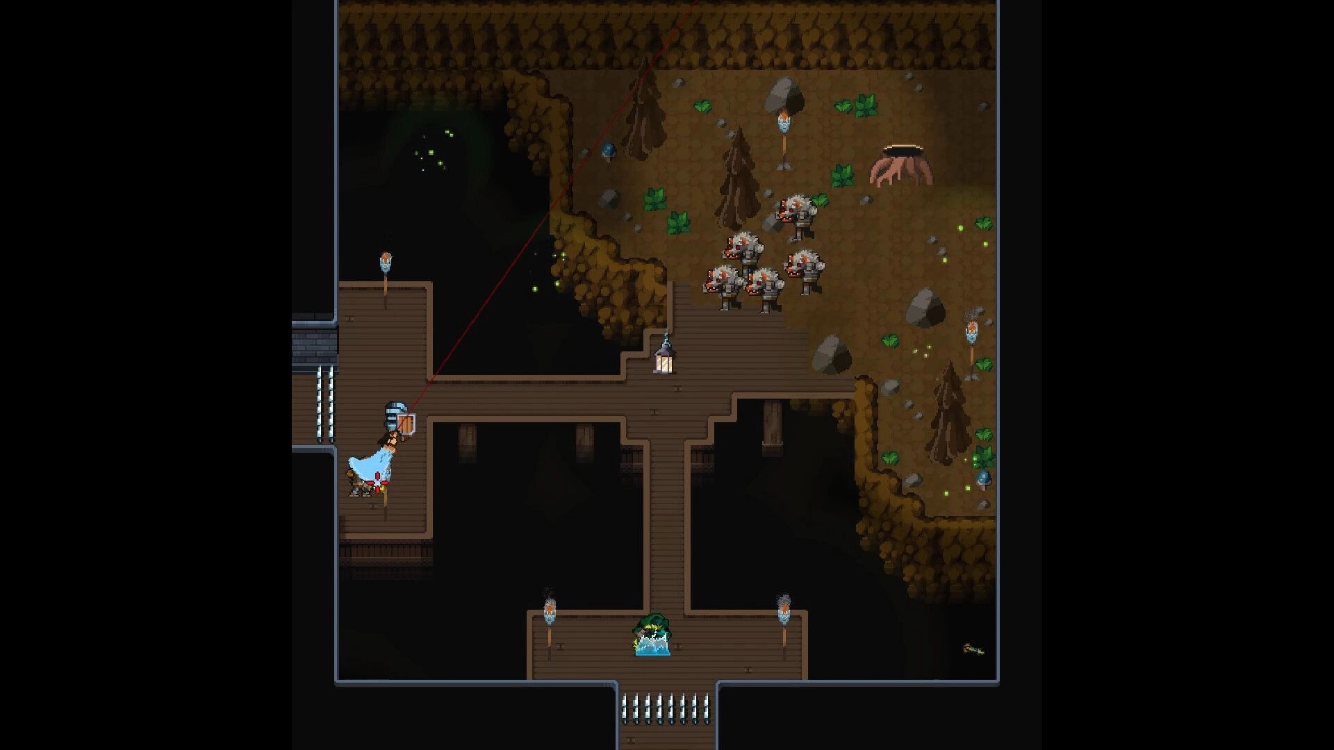 Infinicrypt: Hero battles zombies on wooden bridge in cavern dungeon with torches and glowing portal