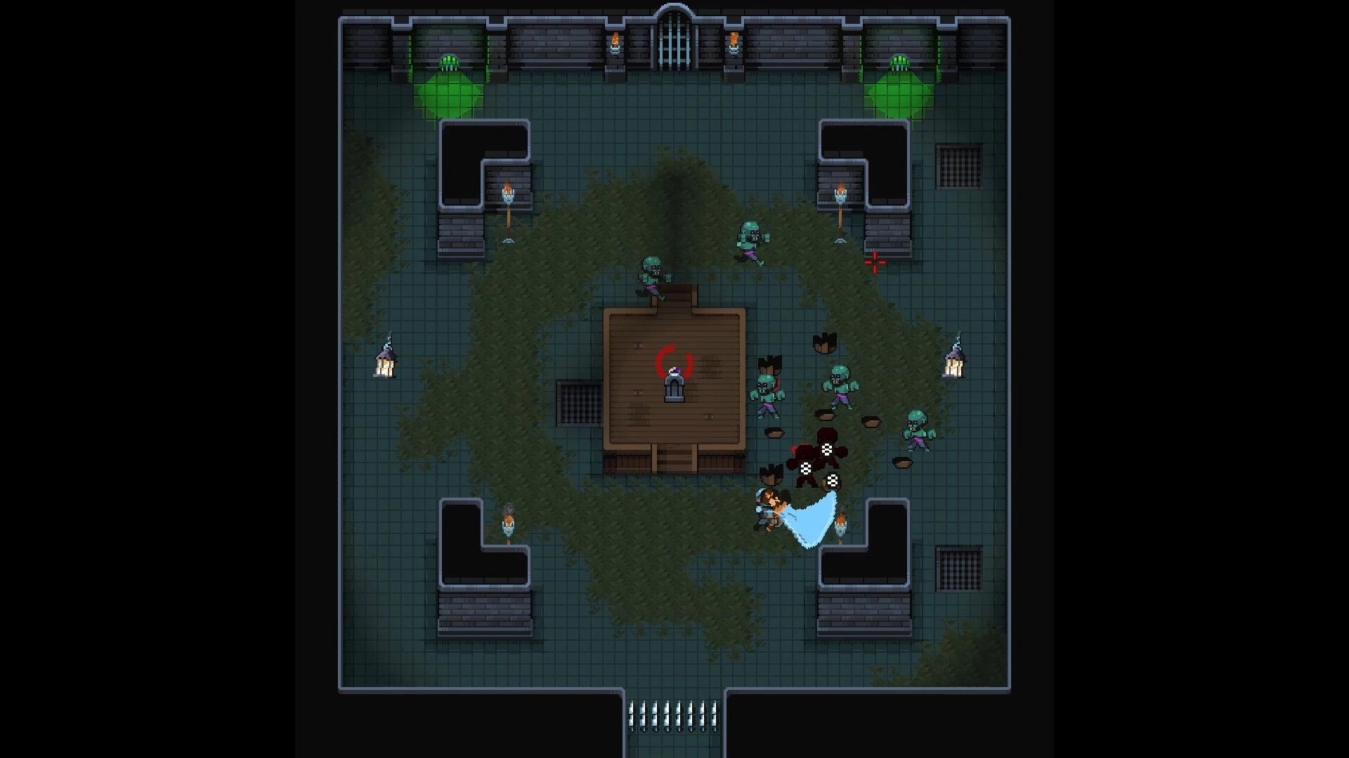 Infinicrypt: Hero battling zombies in a dimly lit dungeon room with green glowing lights and obstacles