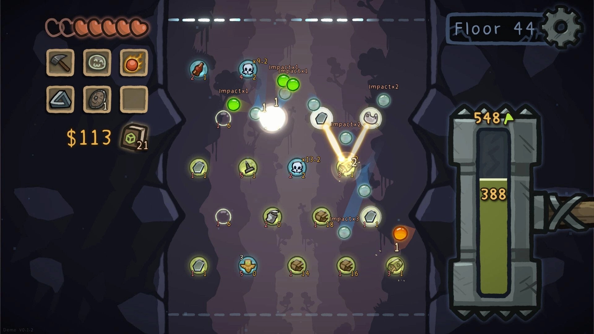 Infinite Ball Well: Ball ricochets off glowing pegs with impact multipliers in a cave board on Floor 44.