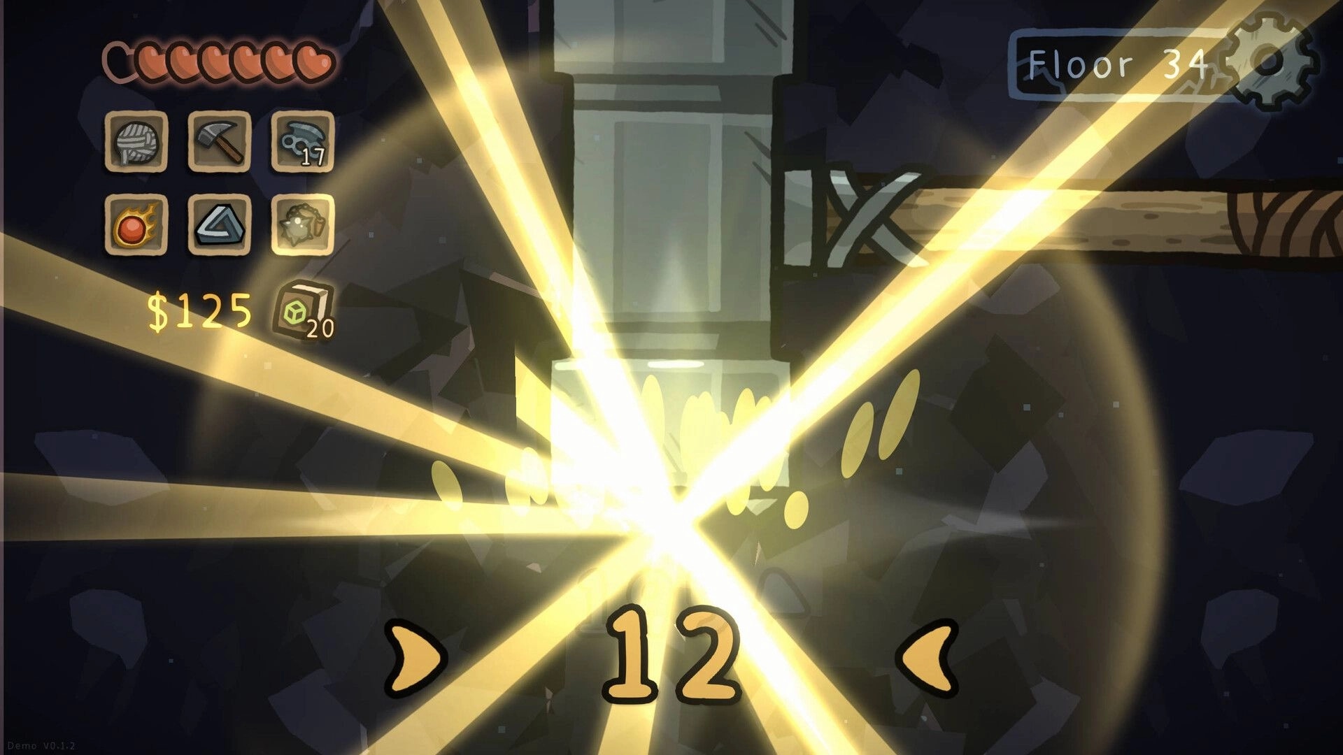 Infinite Ball Well: Bright ball impact effect with relic icons and cash counter in a rocky mine shaft.