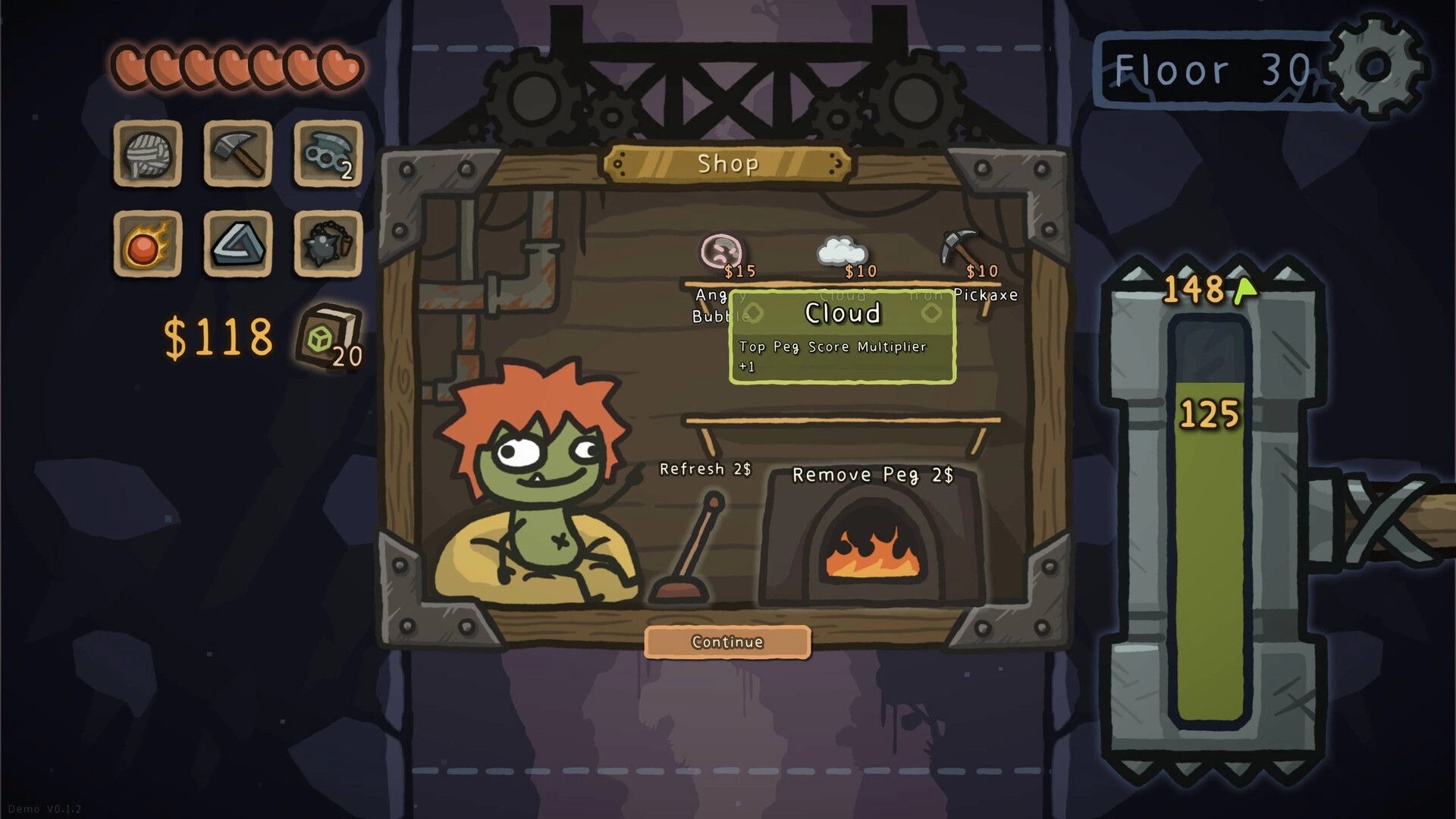 Infinite Ball Well: Shop menu with vendor and relics for sale, cave UI showing Floor 30 and money.