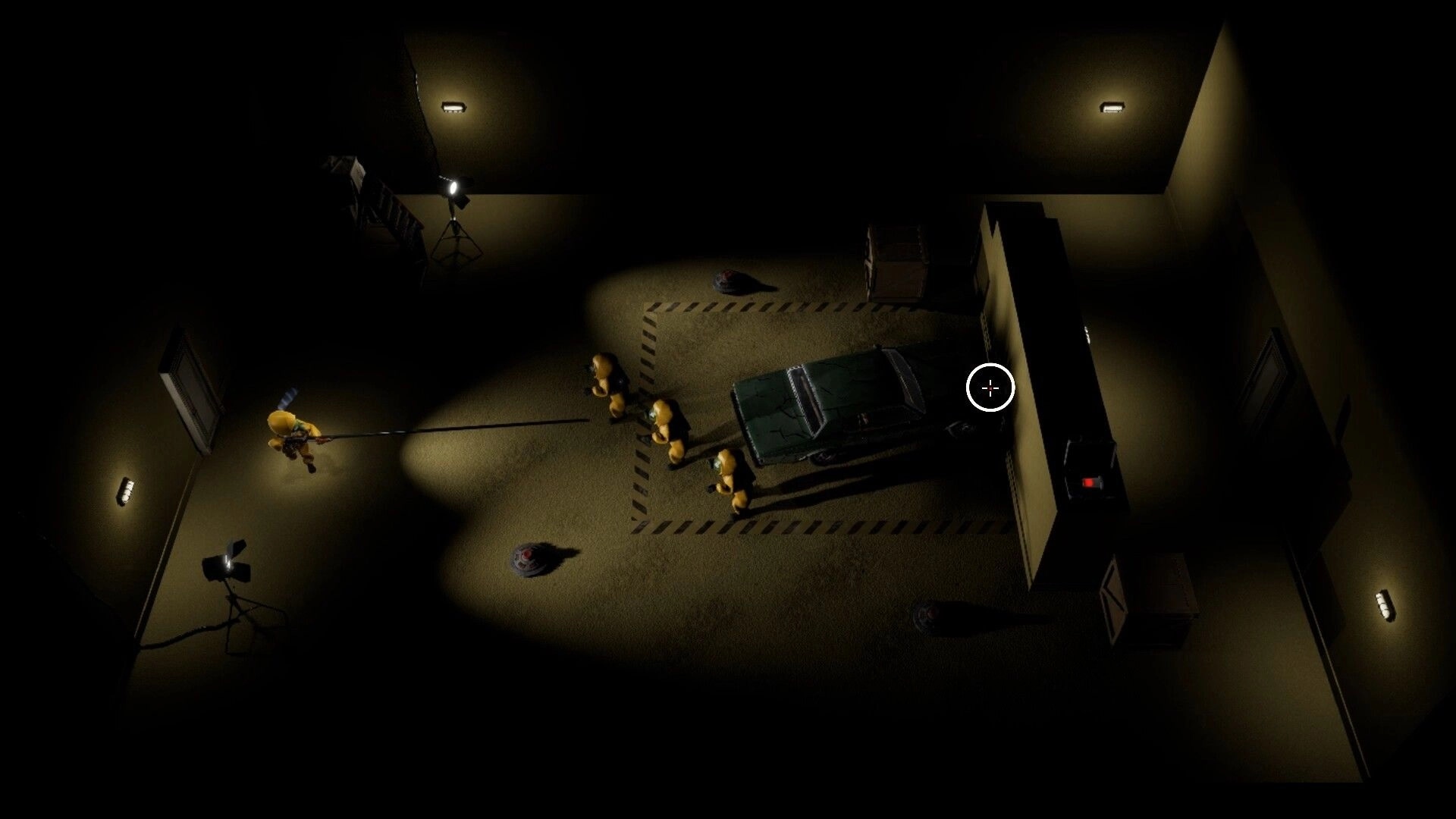 Infinite Loop: Player aims flashlight at hazmat enemies near a car, crosshair in dark backrooms room.