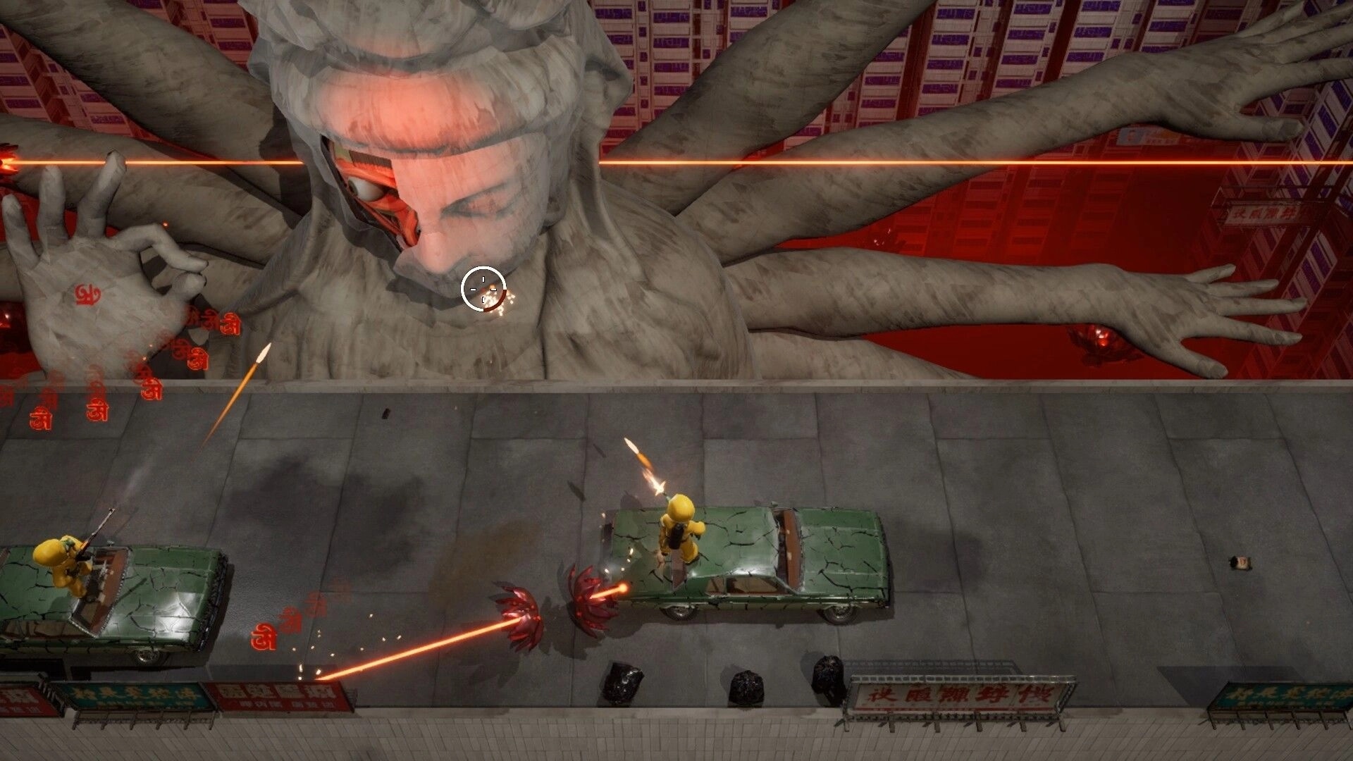Infinite Loop: Top-down firefight against a giant stone statue in a neon-lit city street arena.