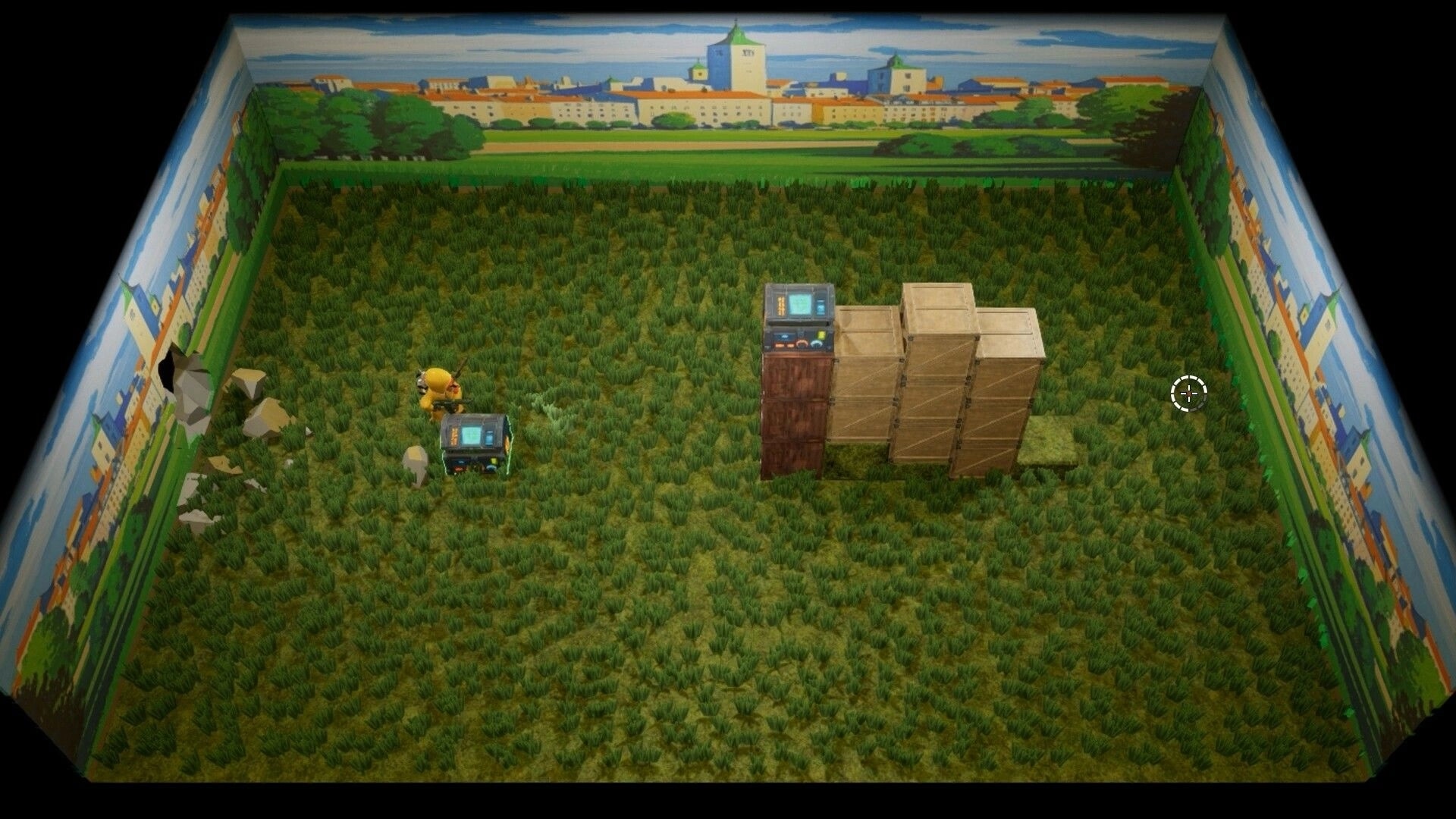 Infinite Loop: Player stands by a console and crates in a grassy room with painted city walls and crosshair.