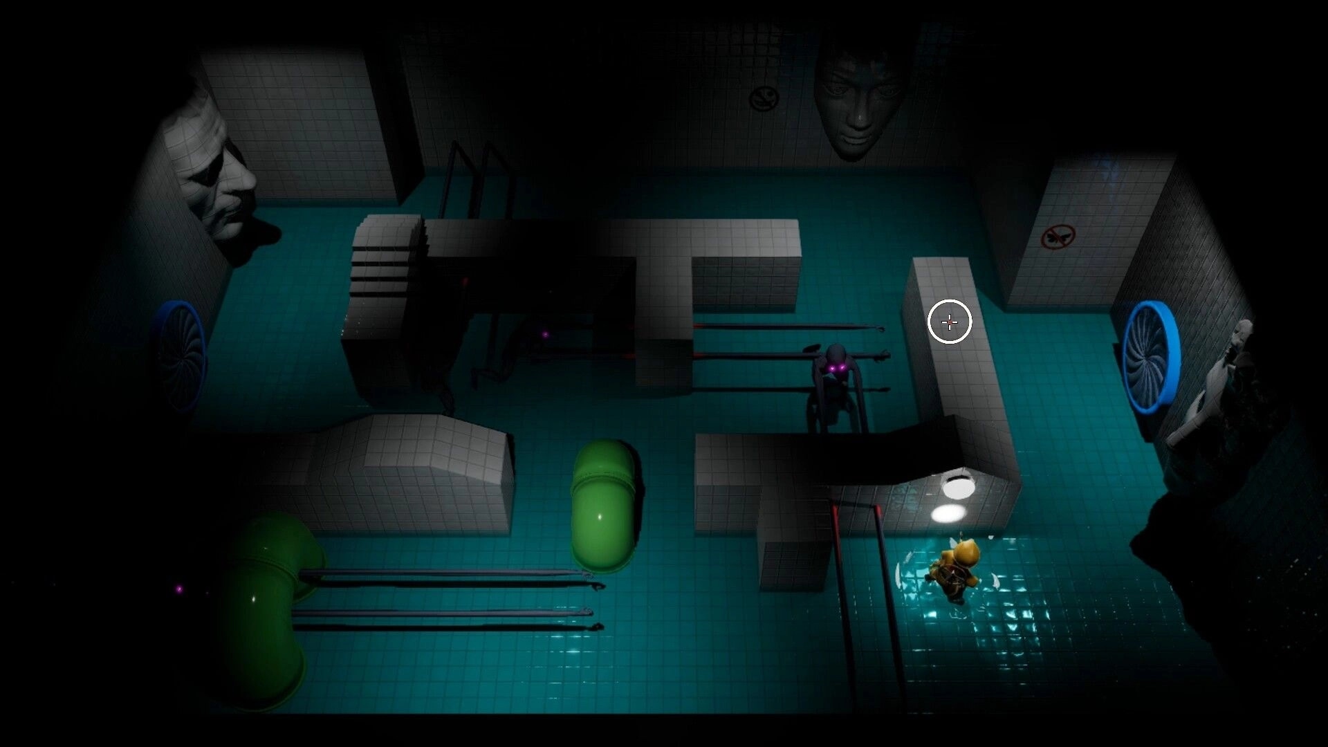 Infinite Loop: Crosshair aimed at purple-eyed creature in tiled pool room with pipes and statues.