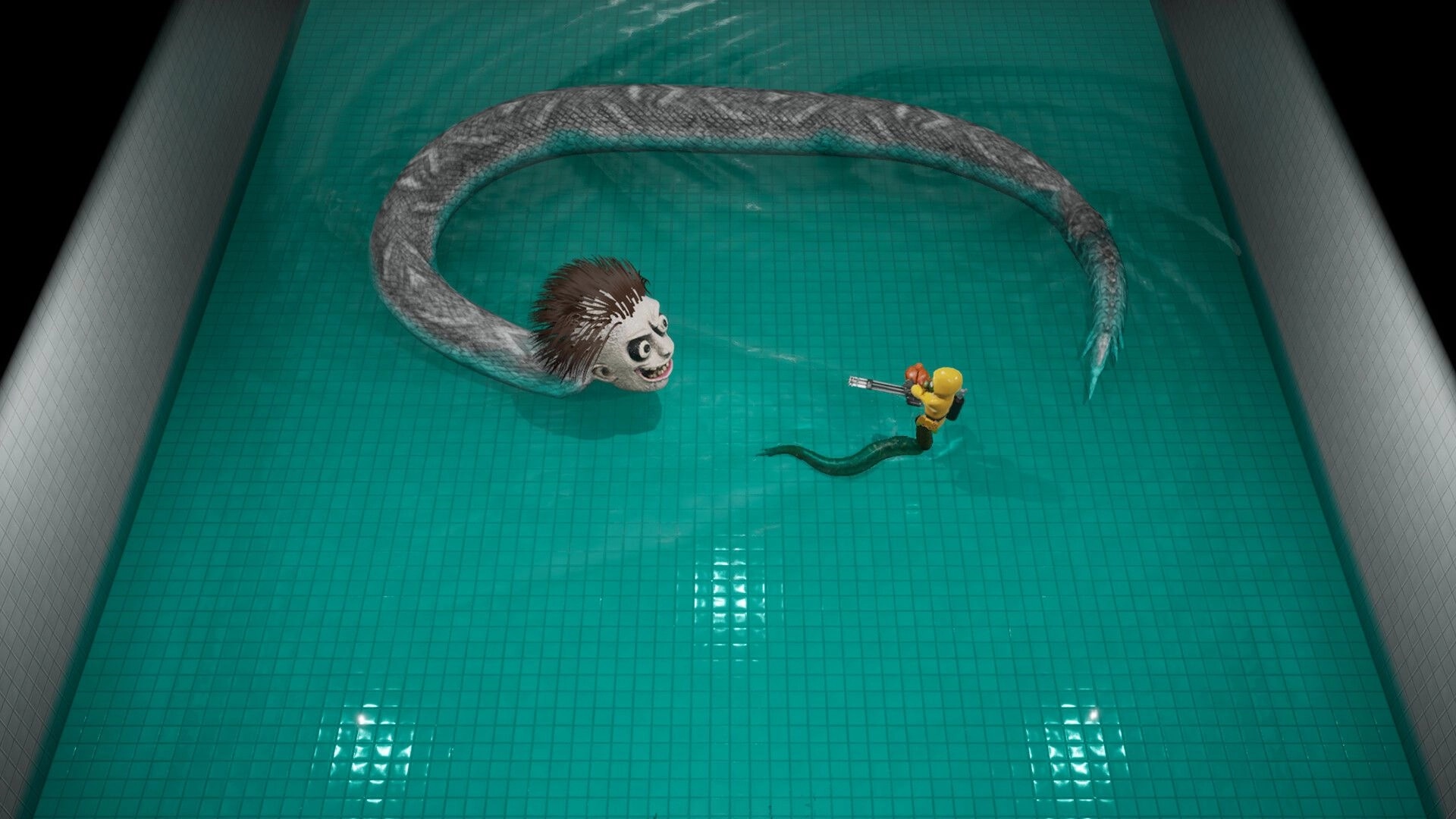 Infinite Loop: Player aims shotgun at giant eel monster in a tiled pool room with teal water.
