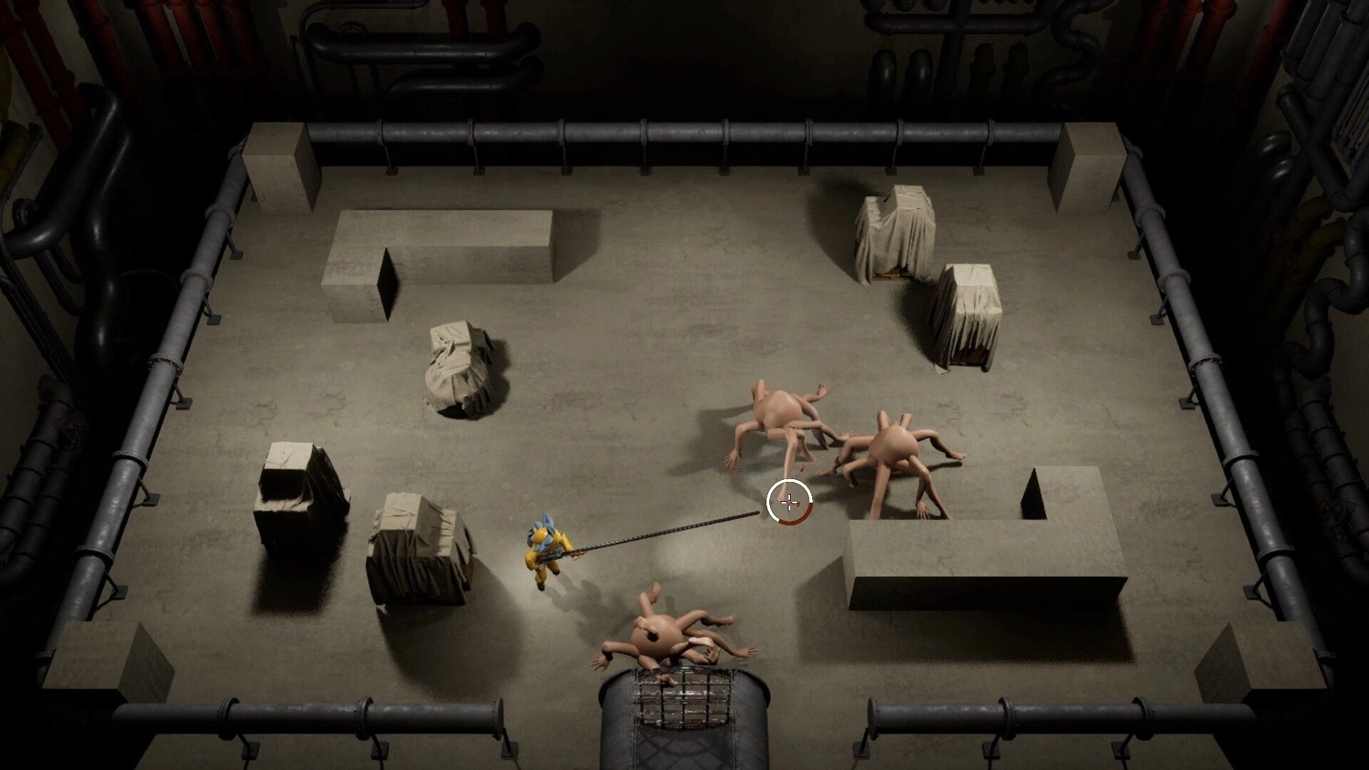 Infinite Loop: Aiming reticle and tethered shot at crawling monsters in a dim pipe-lined room arena.