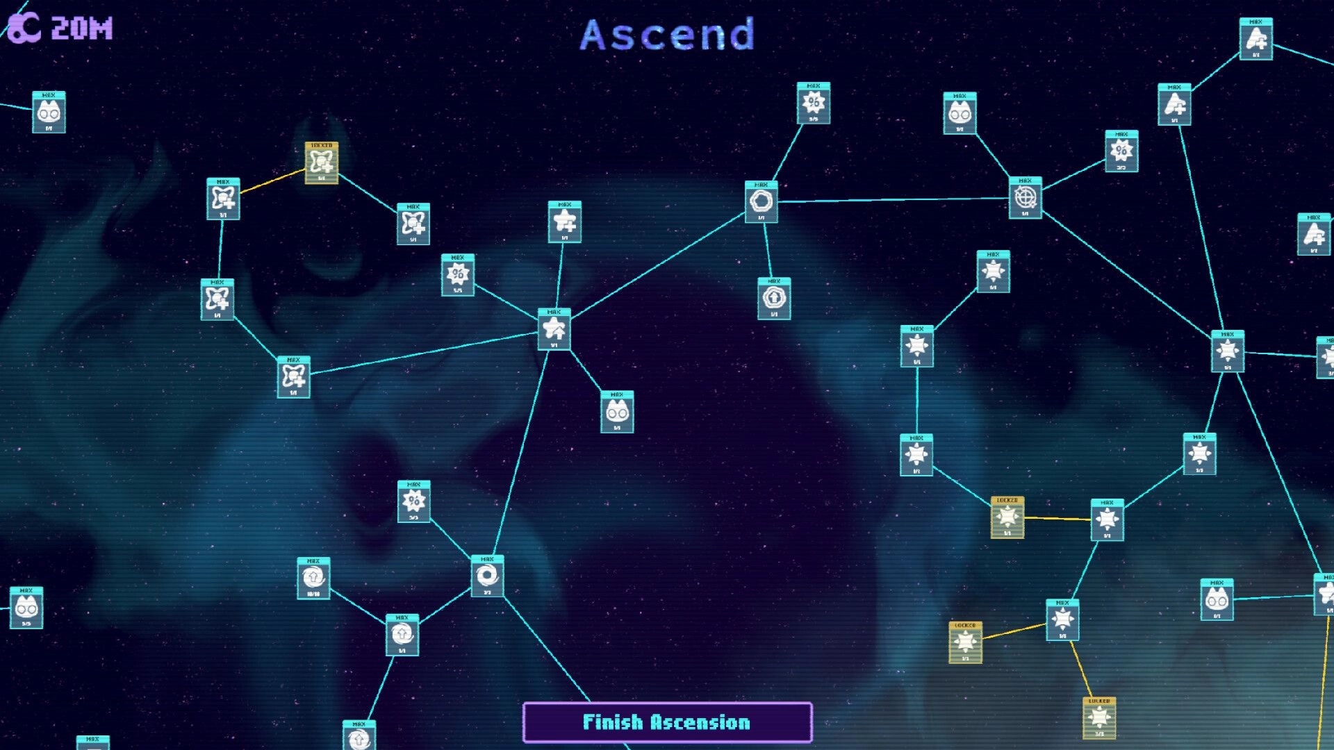 Infinity Bounce: Ascend upgrade tree with linked perk nodes over starfield, Finish Ascension button below.