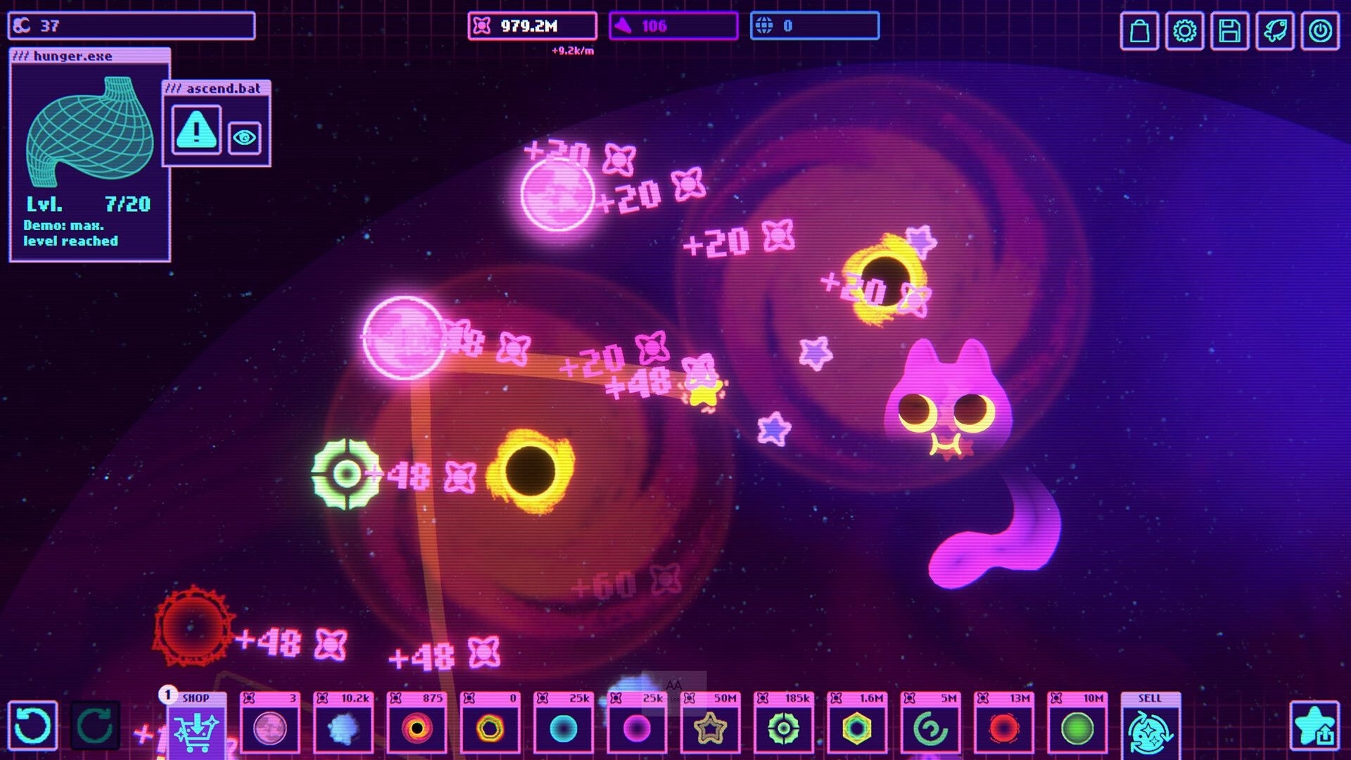 Infinity Bounce: Space cat watches points pop from orbs and black holes in neon galaxy UI field.