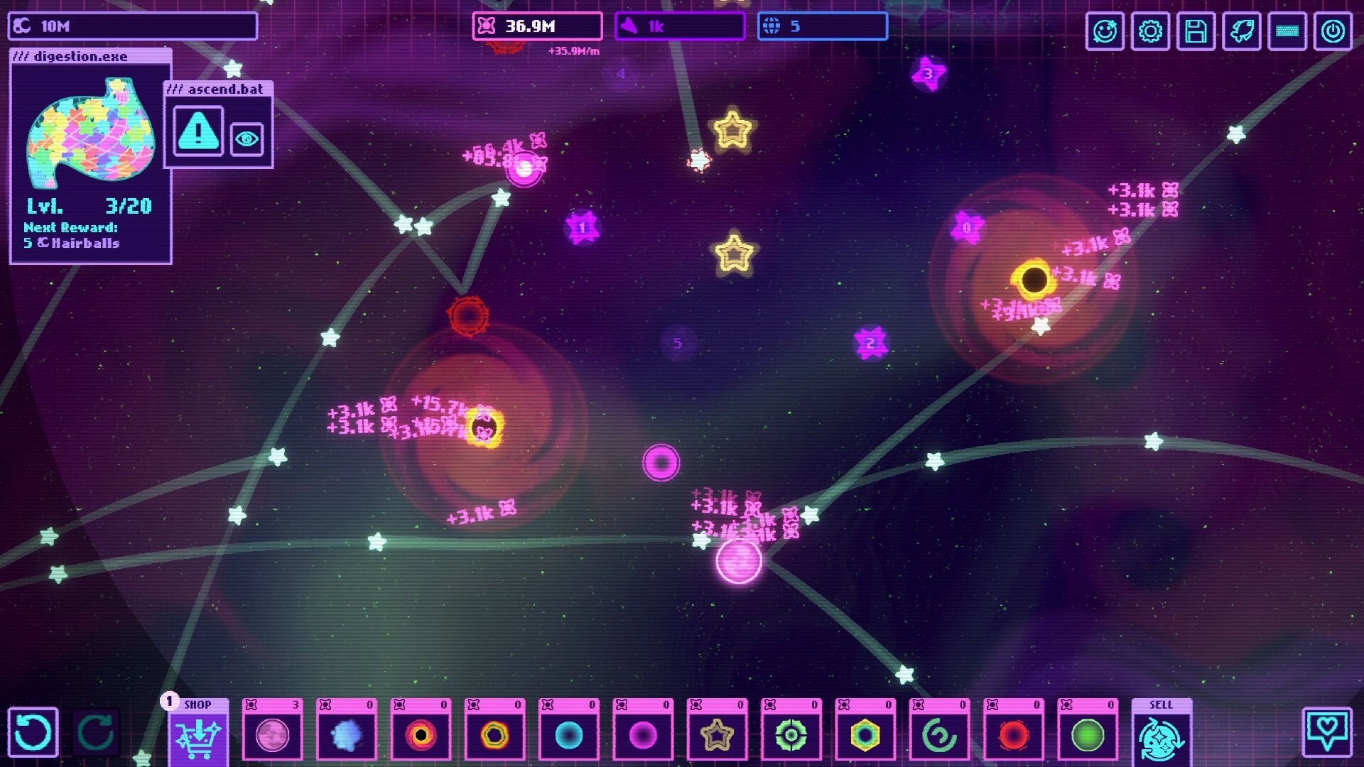 Infinity Bounce: Bouncing orb scores points around black holes and stars on a neon galaxy map UI.