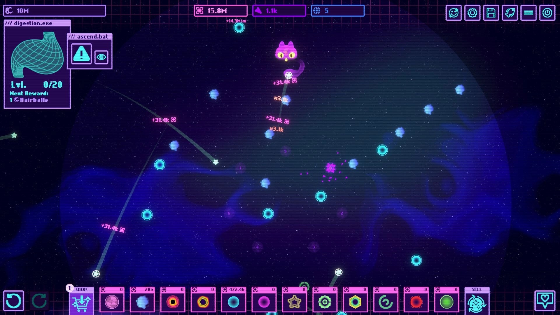Infinity Bounce: Space cat floats over bouncing orbs and score popups in neon galaxy UI screen.