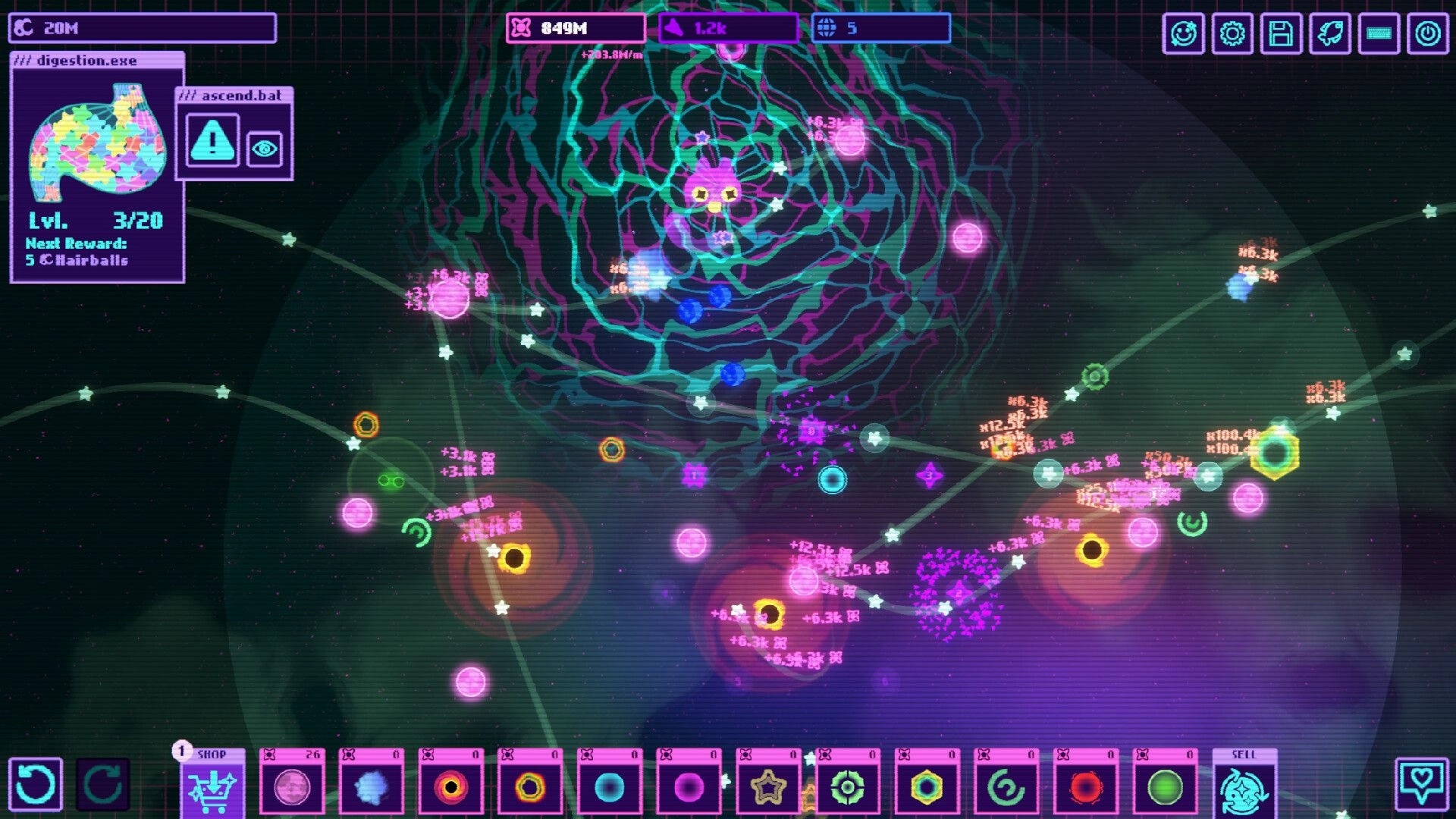 Infinity Bounce: Space cat face amid swirling neon vortex, points popups, and shop bar in starfield.