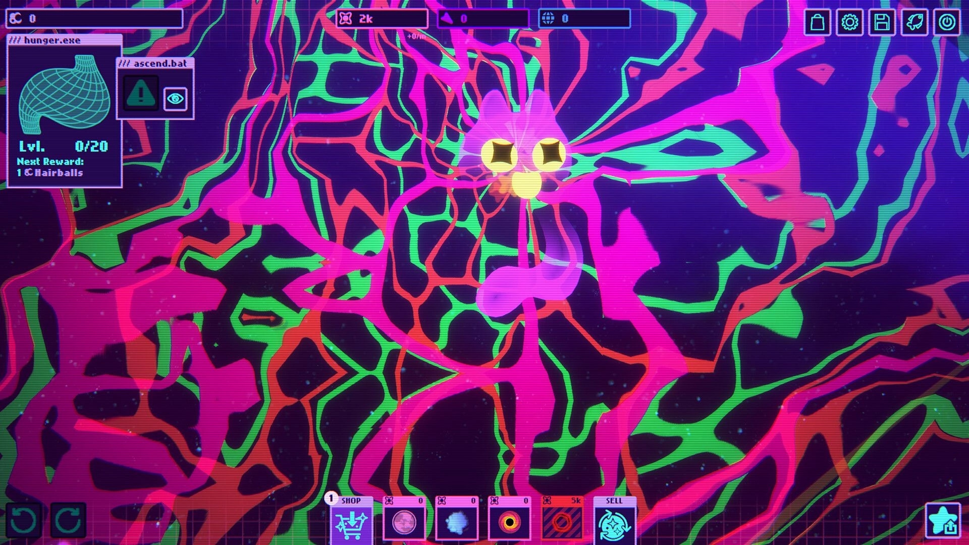 Infinity Bounce: Neon space cat face over swirling cosmic map with hunger.exe panel and shop bar UI.