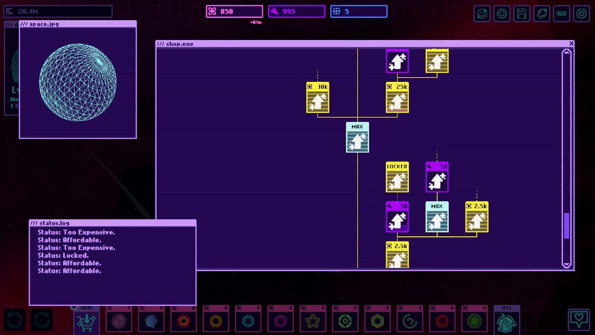 Infinity Bounce: Shop.exe upgrade tree with locked nodes and costs, wireframe planet preview on space UI.