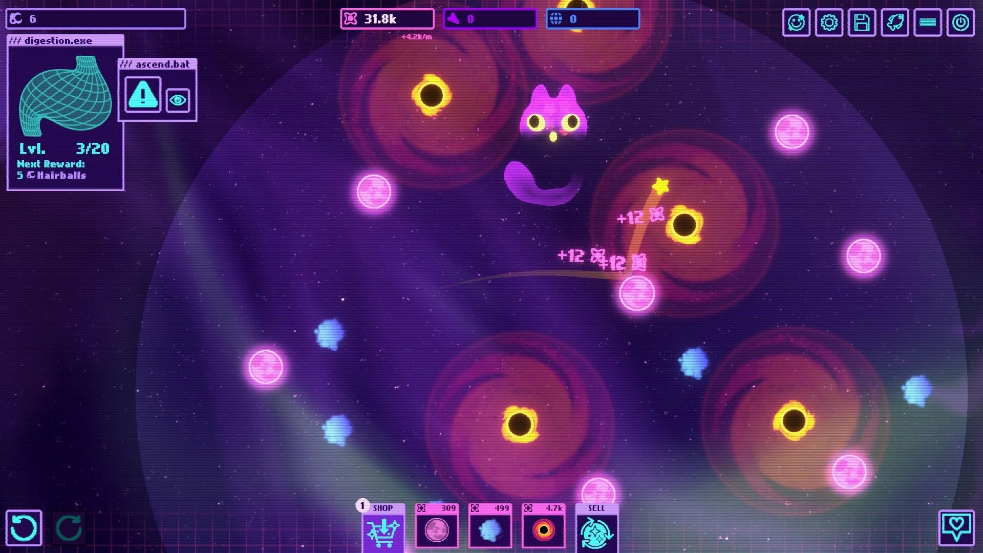 Infinity Bounce: Space cat hovers near black holes and pink orbs with score UI in starfield arena.