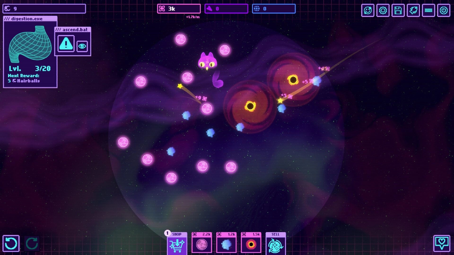 Infinity Bounce: Space cat floats amid orbiting pink balls and black holes in neon galaxy UI.