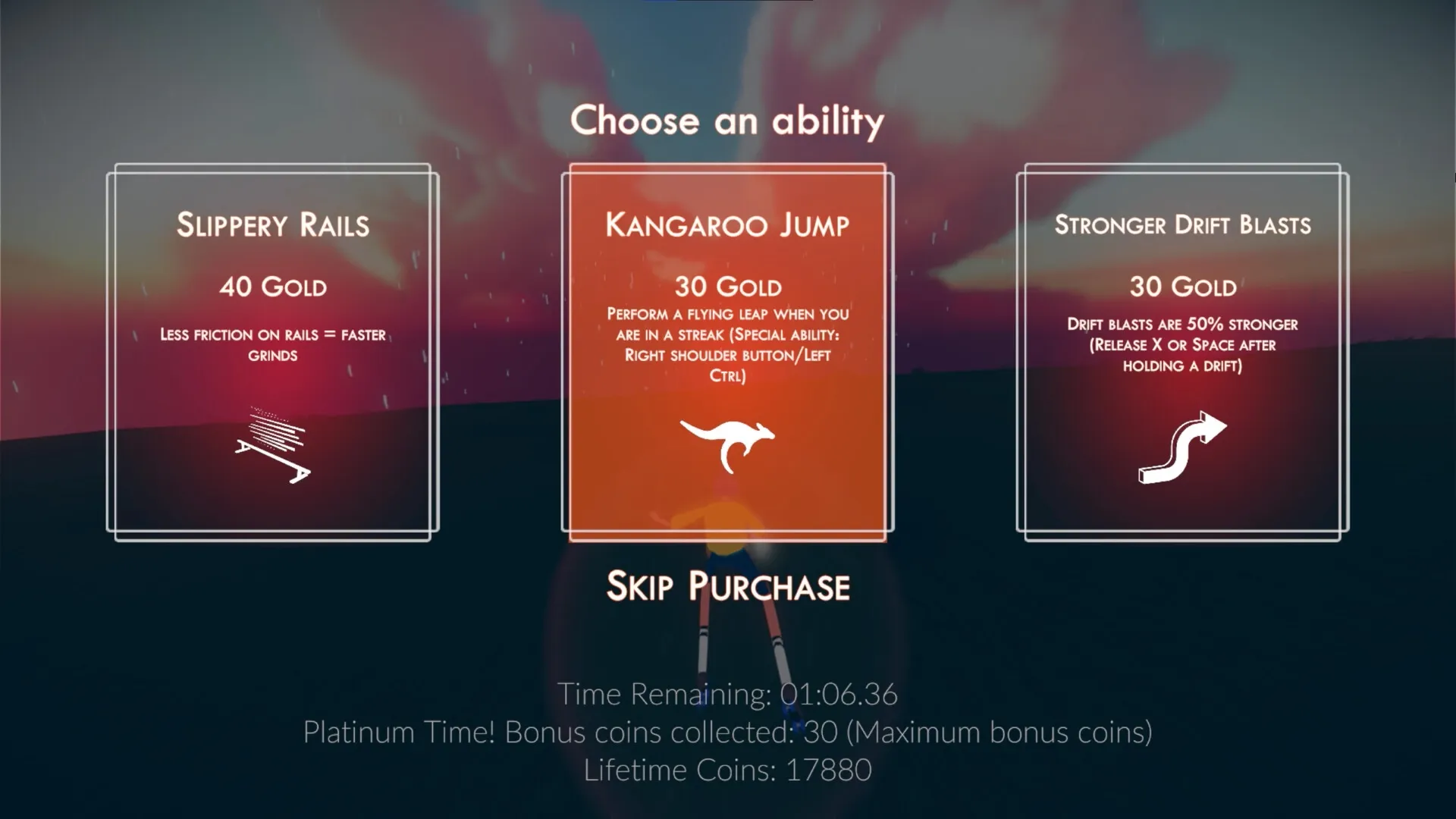 Infinity Girl: Ability selection screen with options for Slippery Rails, Kangaroo Jump, and Drift Blasts