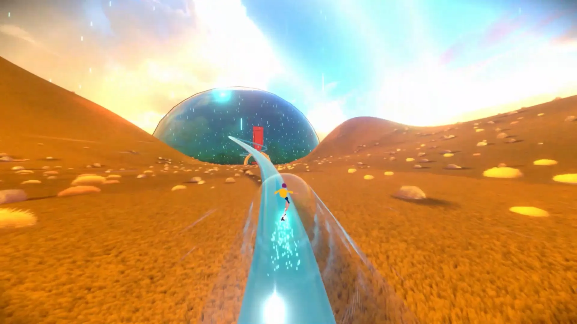 Infinity Girl: Speeding along a glowing track through a futuristic desert landscape towards a domed city